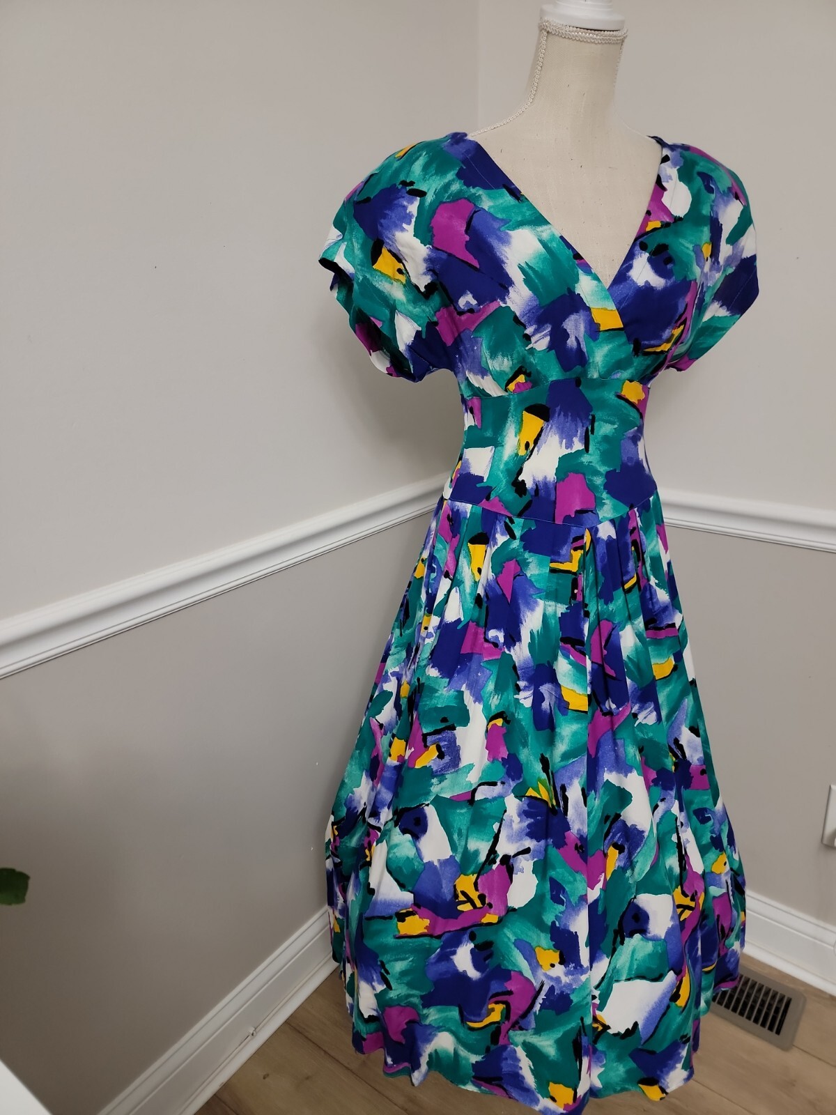 VTG’80s R.E.O Abstract Pattern Tea Garden Dress / Puff Shoulder Rockabilly