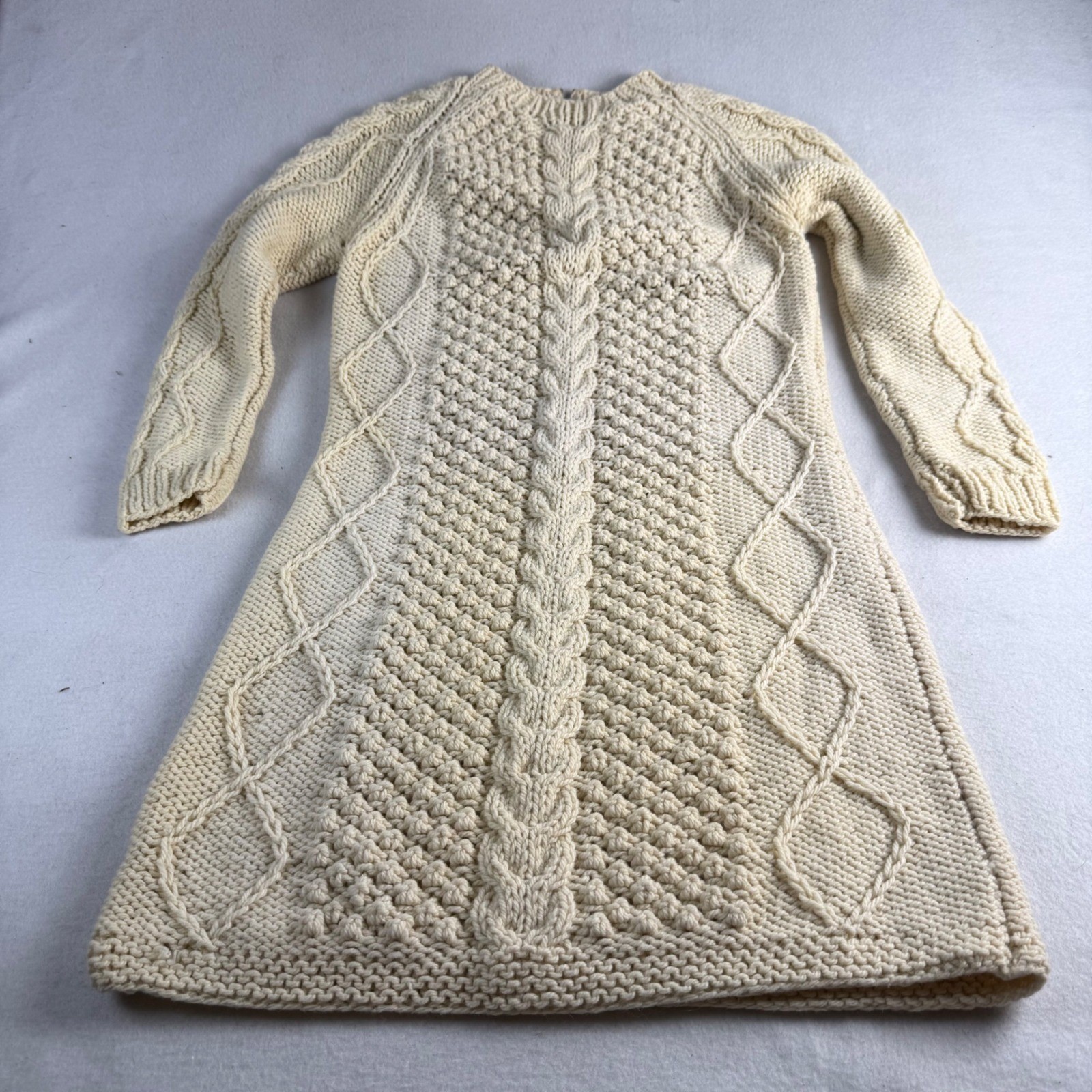 Vintage Handmade Wool Cable Knit Sweater Dress Cream A-Line Aran Fisherman Zip