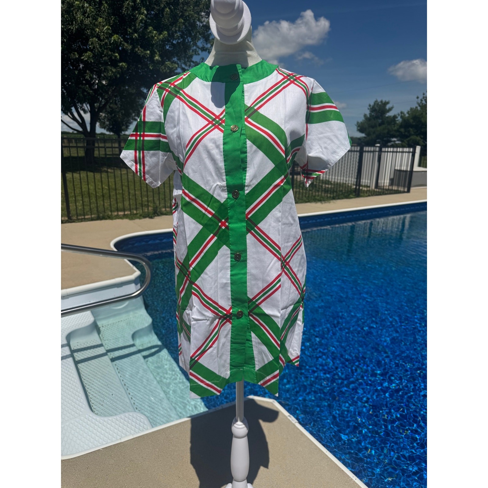 Vintage 60s Lewis Frimel Mod Plaid Shift Dress Bloomers Set Green Red Small