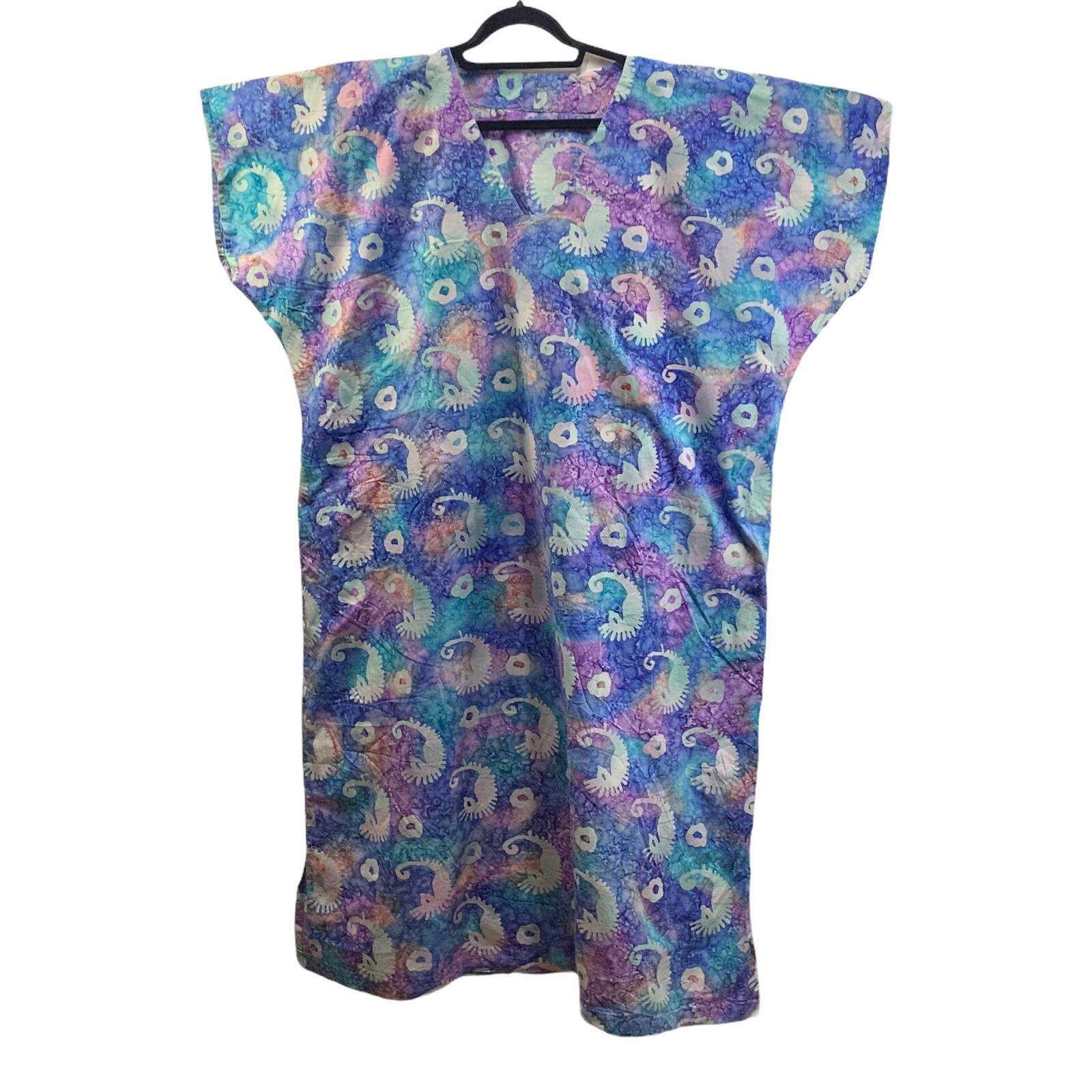 Vintage Caftan Mumu Muumuu Handmade Hippie Blue Seahorse 2XL 3 XL Cotton