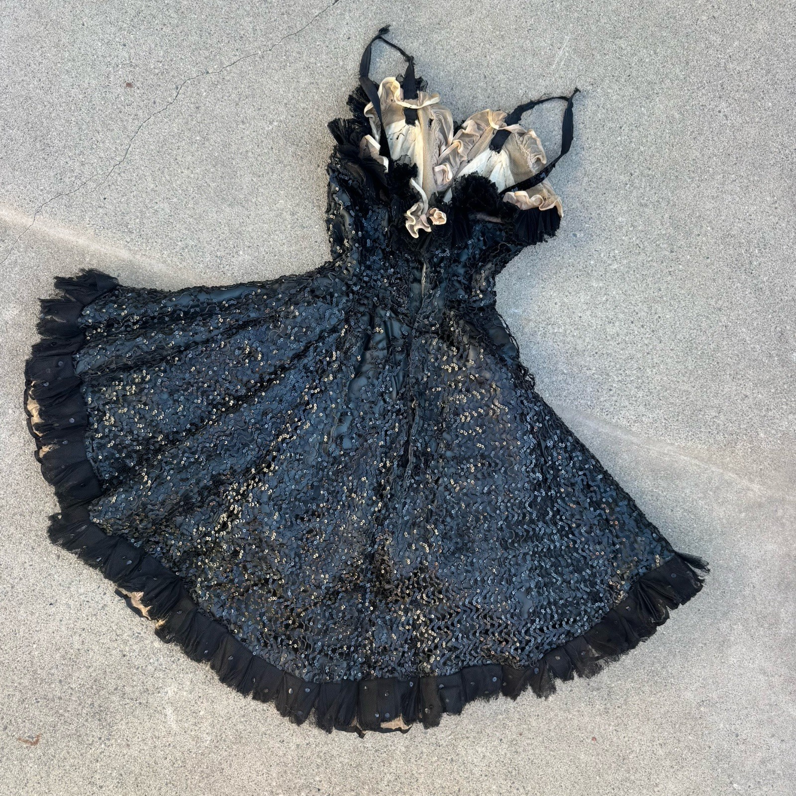 Vintage 1930s Sequin, Satin & Ruffle Paramount Showgirl Dress Burlesque Corset