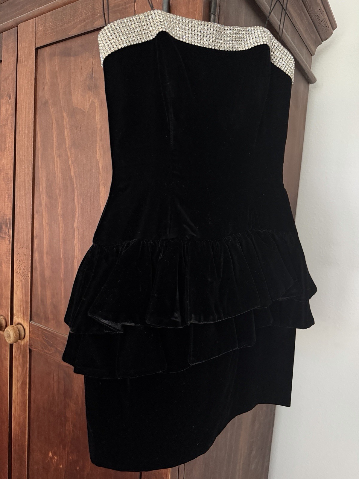 Women’s Vtg Strapless Black Velvet Dress Big Bow Rhinestones Size XS 80’s 90’s