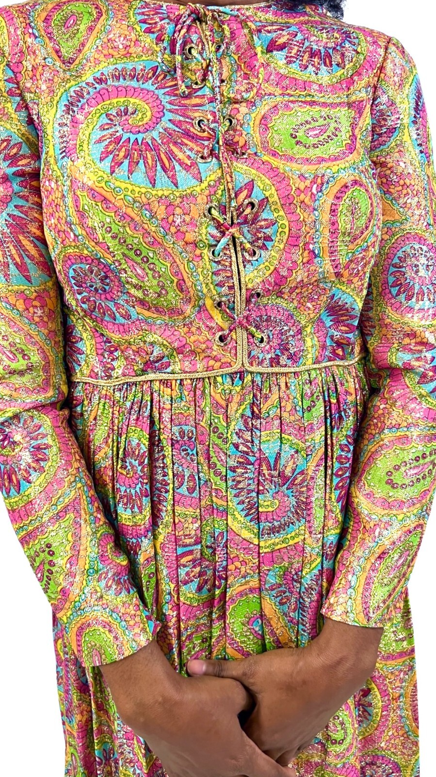 VTG 60s Mary Sachs Metallic Paisley Mod Gogo Dress XS S Rhinestone Detail