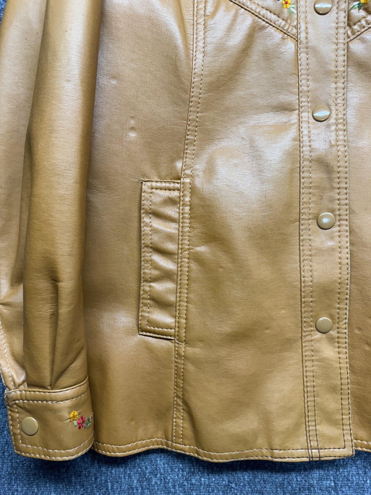 VTG Montgomery Ward Jacket Women S Brown Vinyl Snap Embroidered Flowers Pleather