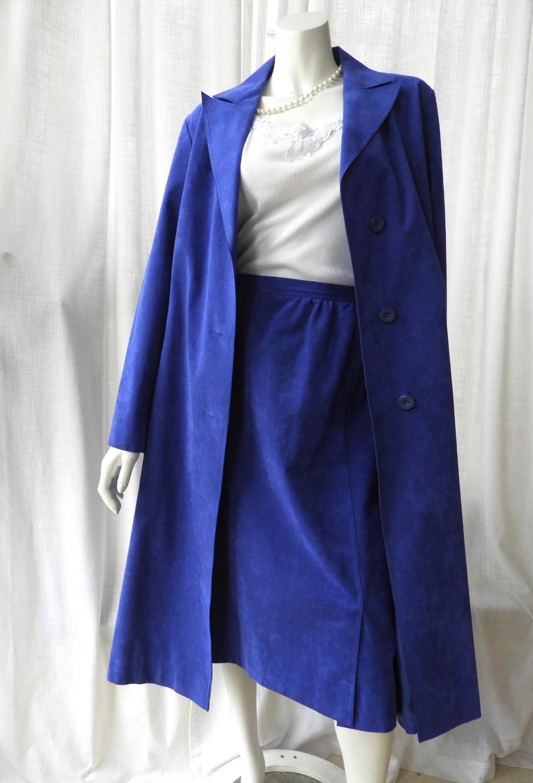 Vtg 1990 s Blue Ultrasuede Duster & Skirt Suit Set Evelyn McGill sz S/M