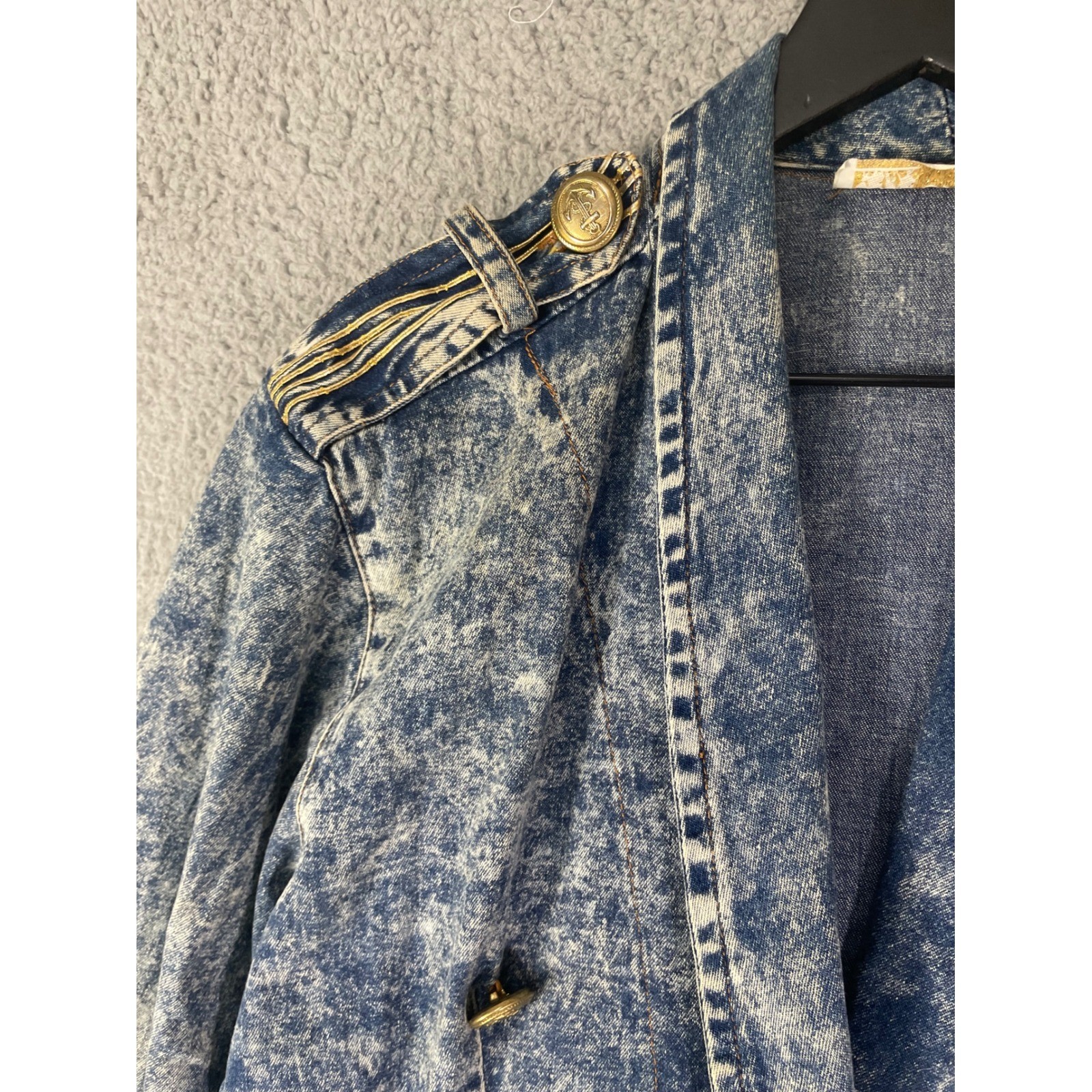 Vintage Acid Wash Denim Jacket Womens Small Military Embroidered 80s Crop