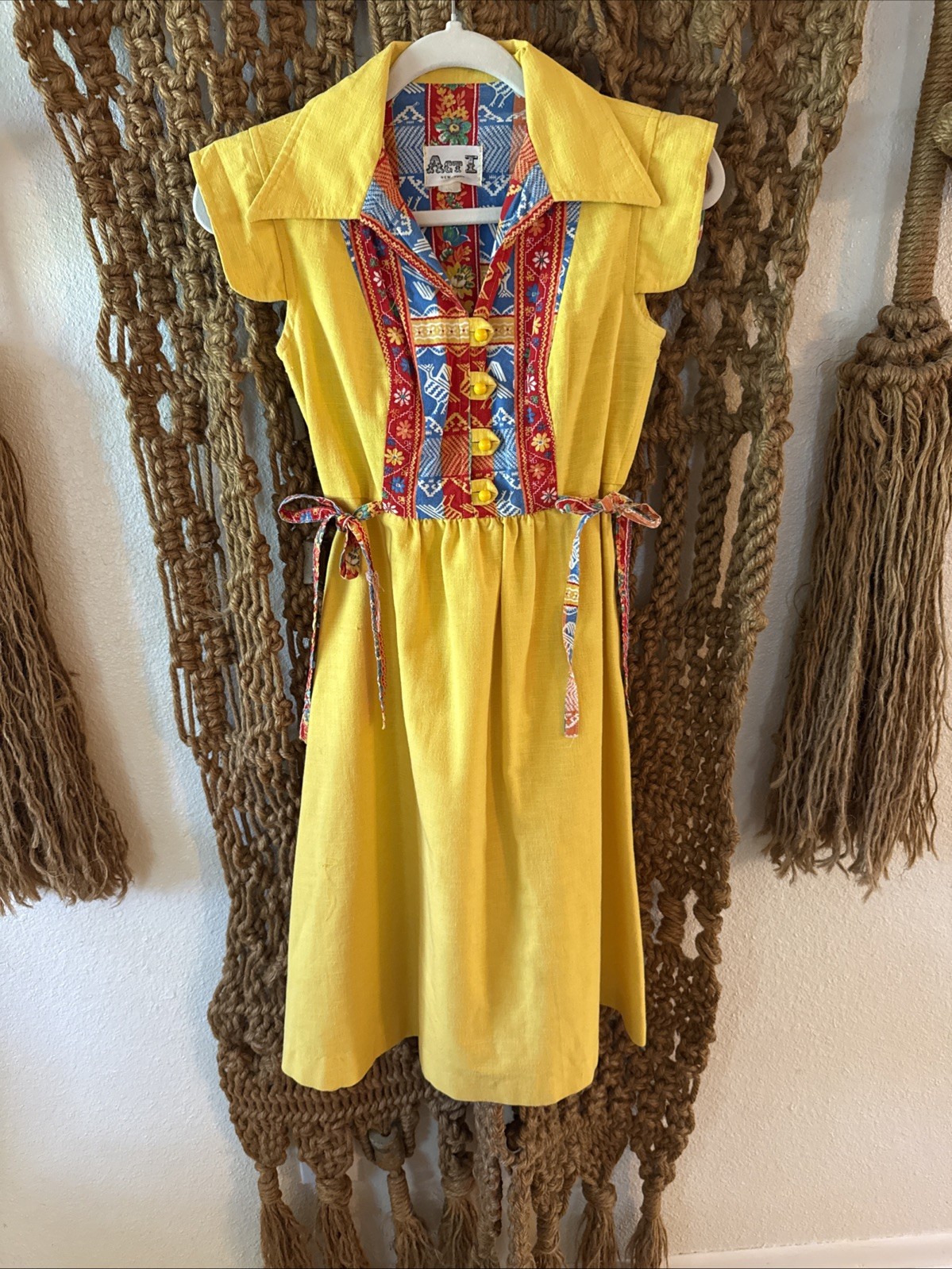 Vintage Act I New York Yellow Boho Dress Women XS Small Floral Folk Festival
