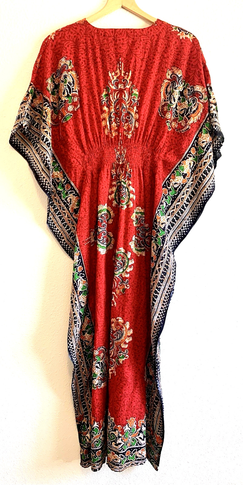 VTG RED BATIK Asian Maxi Long DRESS Kaftan Muumuu Lounge Flutter Empire LARGE