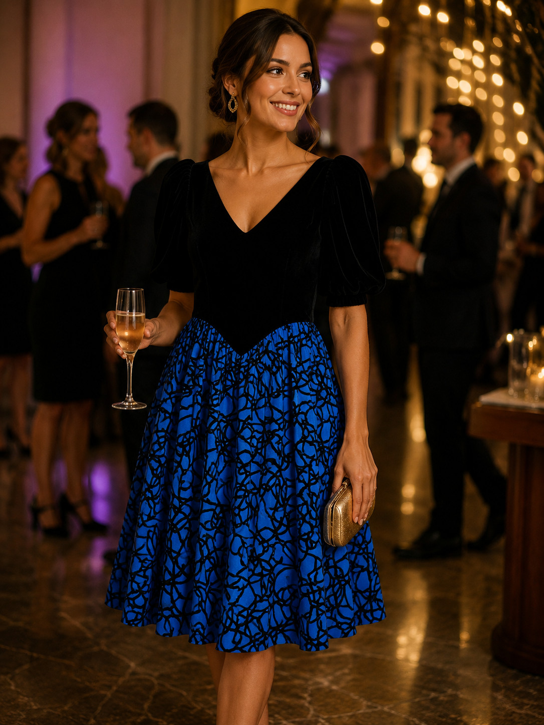 vintage dress royal blue and black velvet.