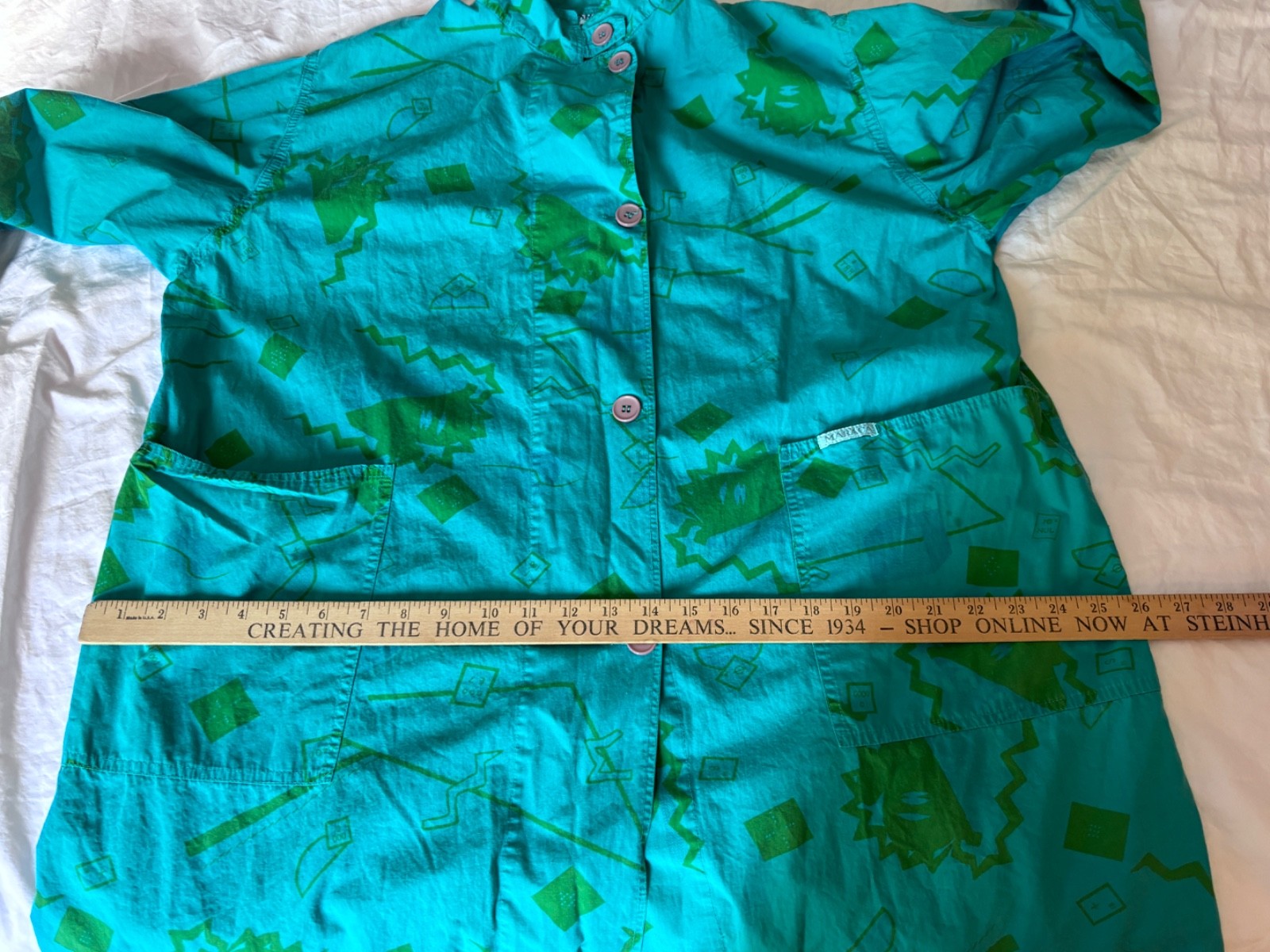 VTG MARACA TURQUOISE BLUE ABSTRACT GRAPHIC PRINT COTTON KAFTAN DRESS*ONE SIZE