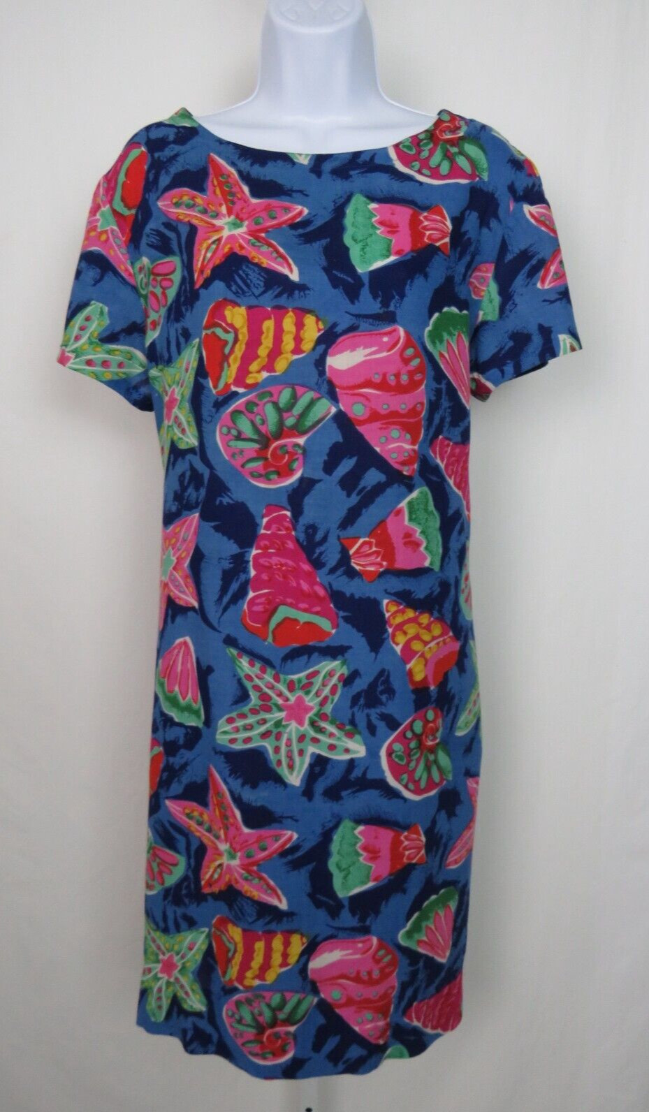VTG 1990s PEPPERMINT BAY TROPICAL OCEAN DRESS STARFISH SEA SHELLS ROPE BELT