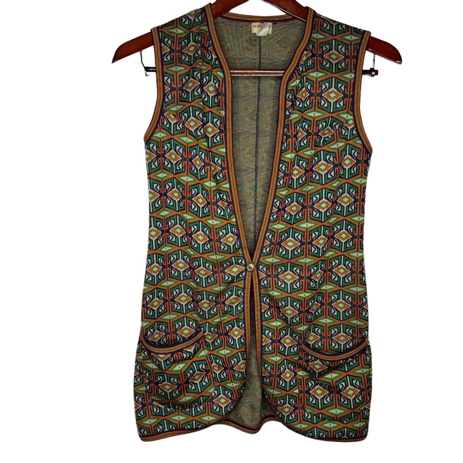 AILEEN Women’s Vest Size 12 Green Orange Blue Funky Pattern Button Front 70s VTG