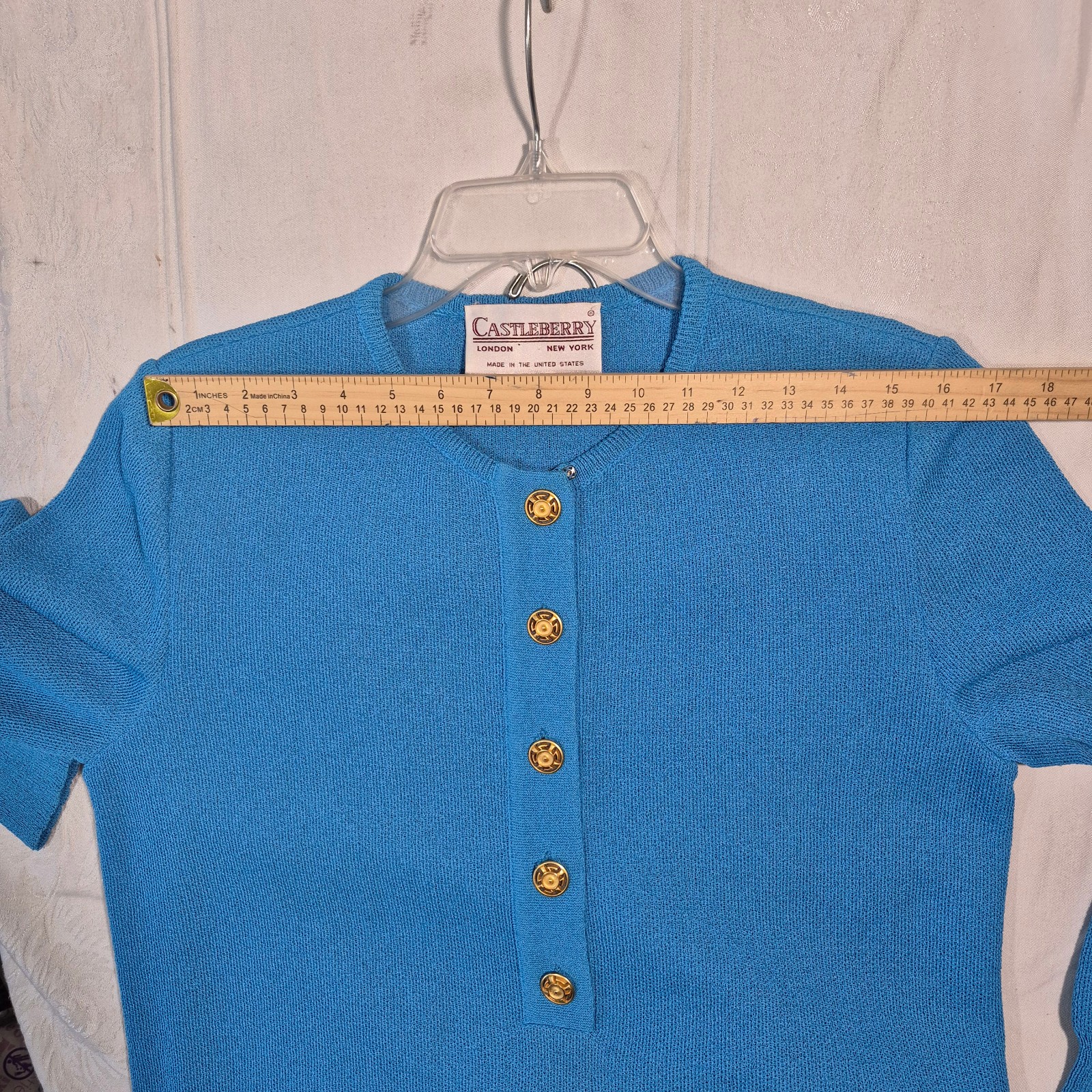 Vtg Castleberry Knit Skirt Suit Set Womens 14 Royal Blue Gold Button 80s MINT