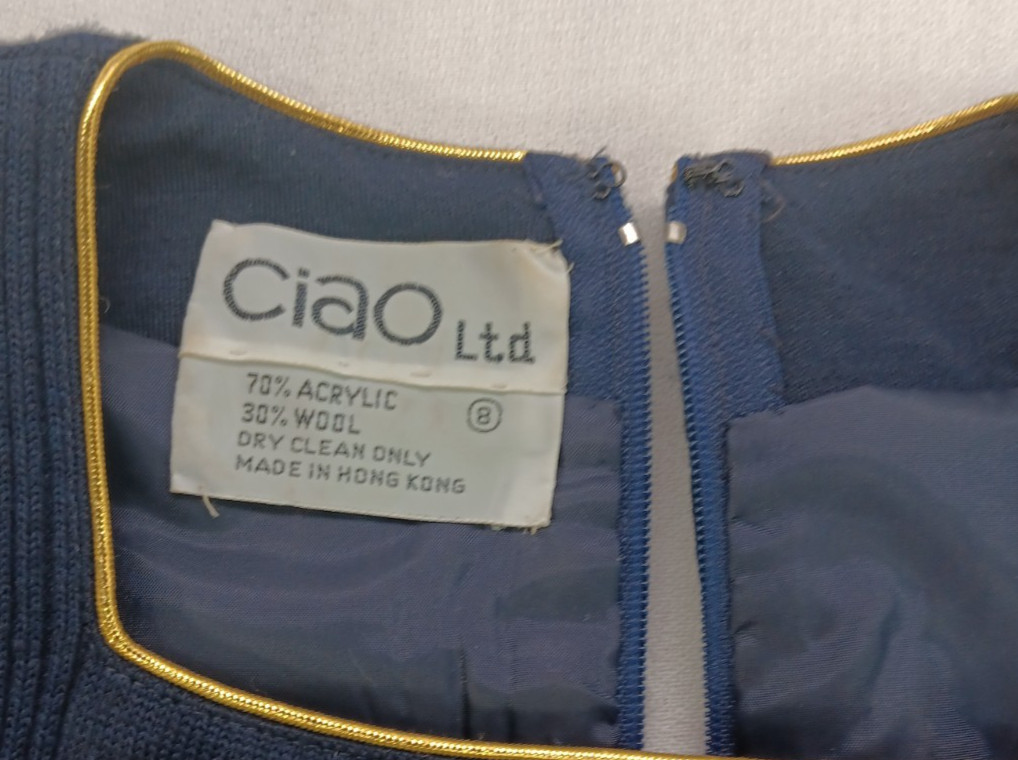 Vintage CIAO Ltd Navy Blue Wool Knit Dress Sz 8 Shoulder Pads Pockets 1970s