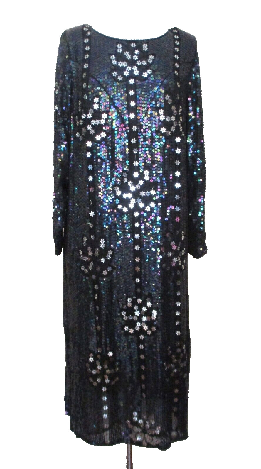 Vtg Valachi Creations Sequin Dress M Women Black Iridescent Sequins Silver Stars