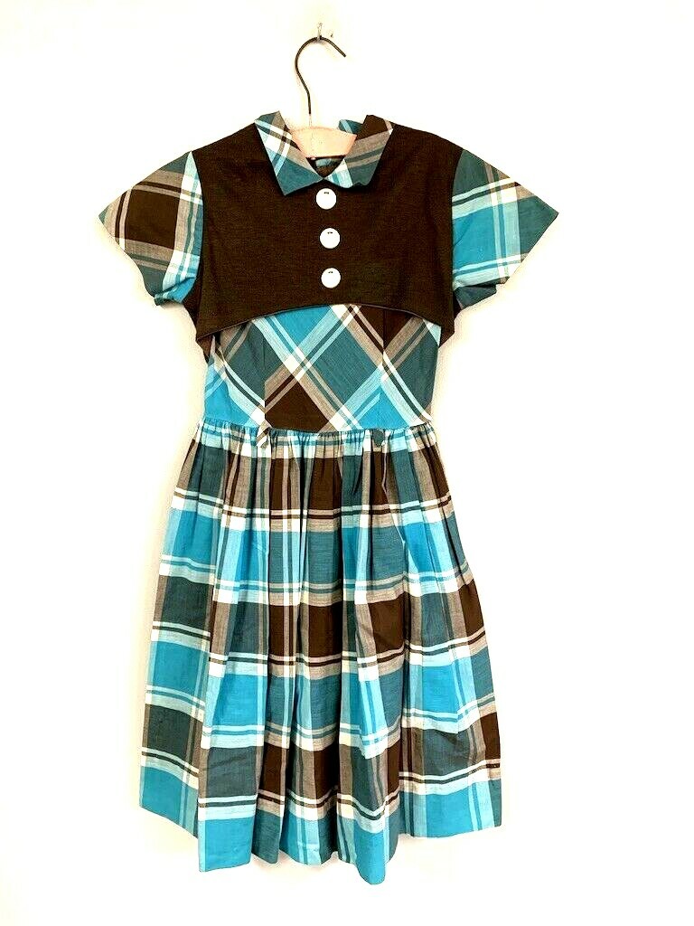 VTG 50s Cinderella’s Coach Plaid Girl’s Dress Brown Aqua White Vest Detail Sz