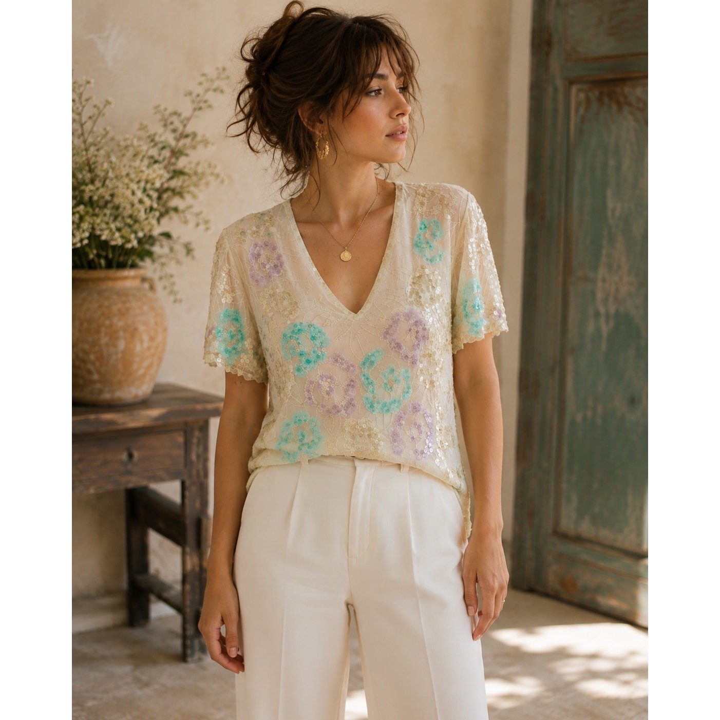 Papell Evening Silk Blouse Womens L Ivory Sequin Beaded Floral Vintage VNeck