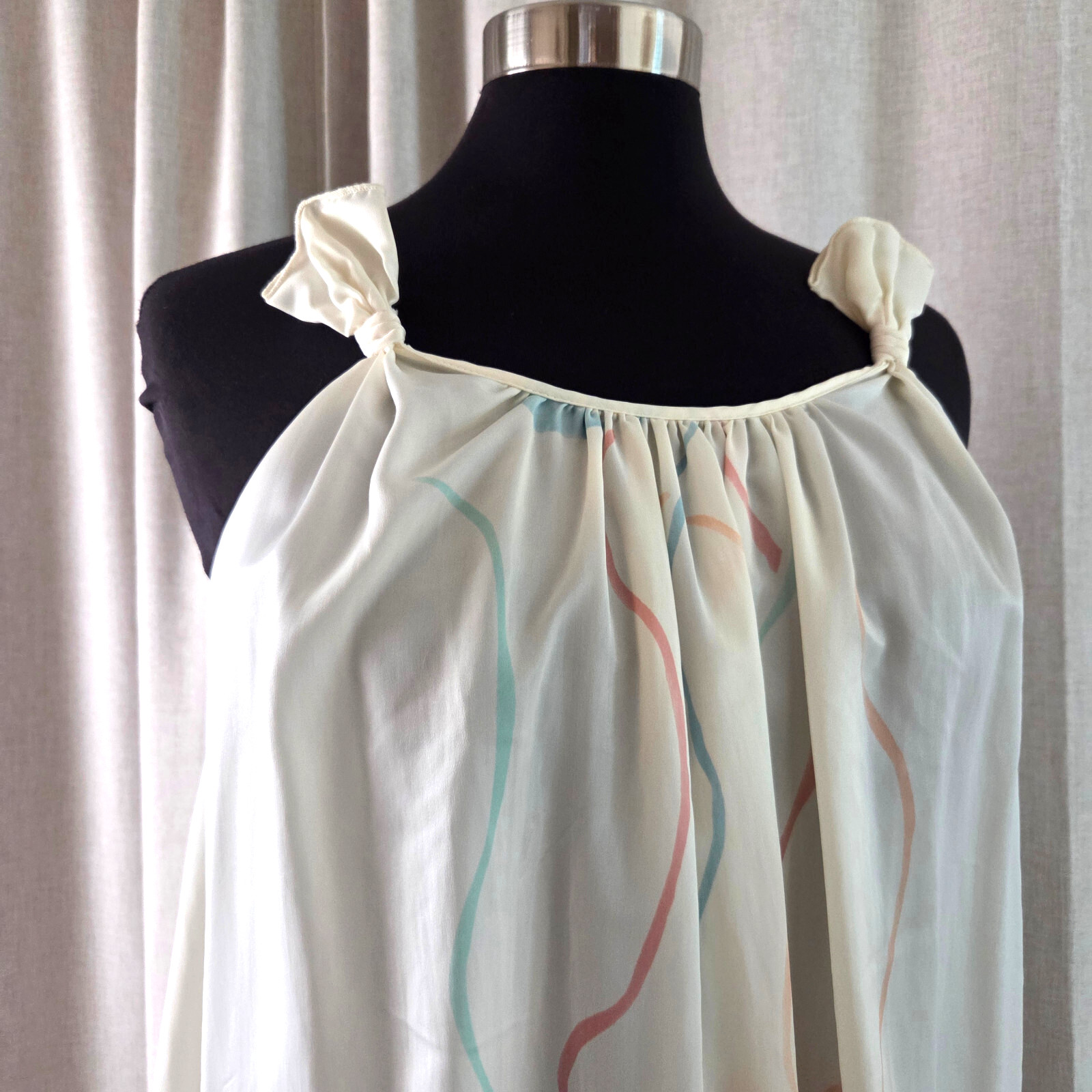 Vintage Mary McFadden S Dress Pastel Floral Lotus Pink Blue on Cream Bow Strap