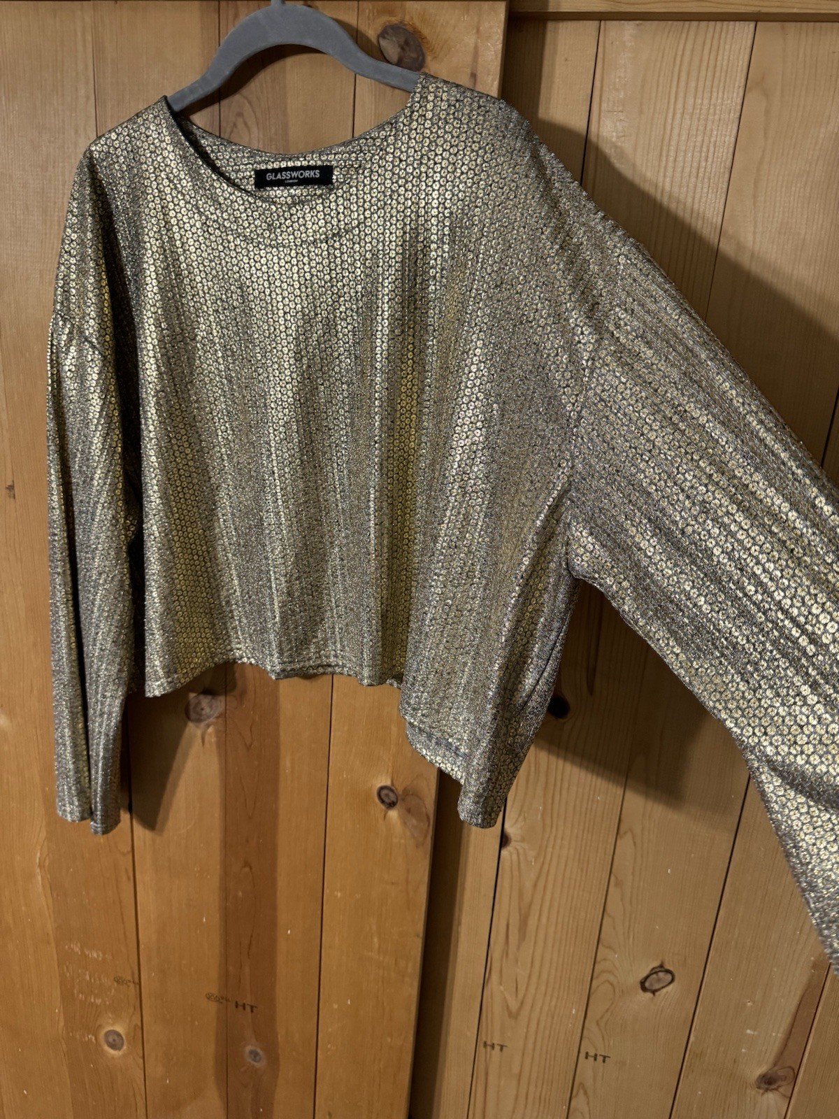 VTG GLASSWORKS LONDON GOLD SILVER CROPPED DISCO BLOUSE RAVE WOMENS O/S