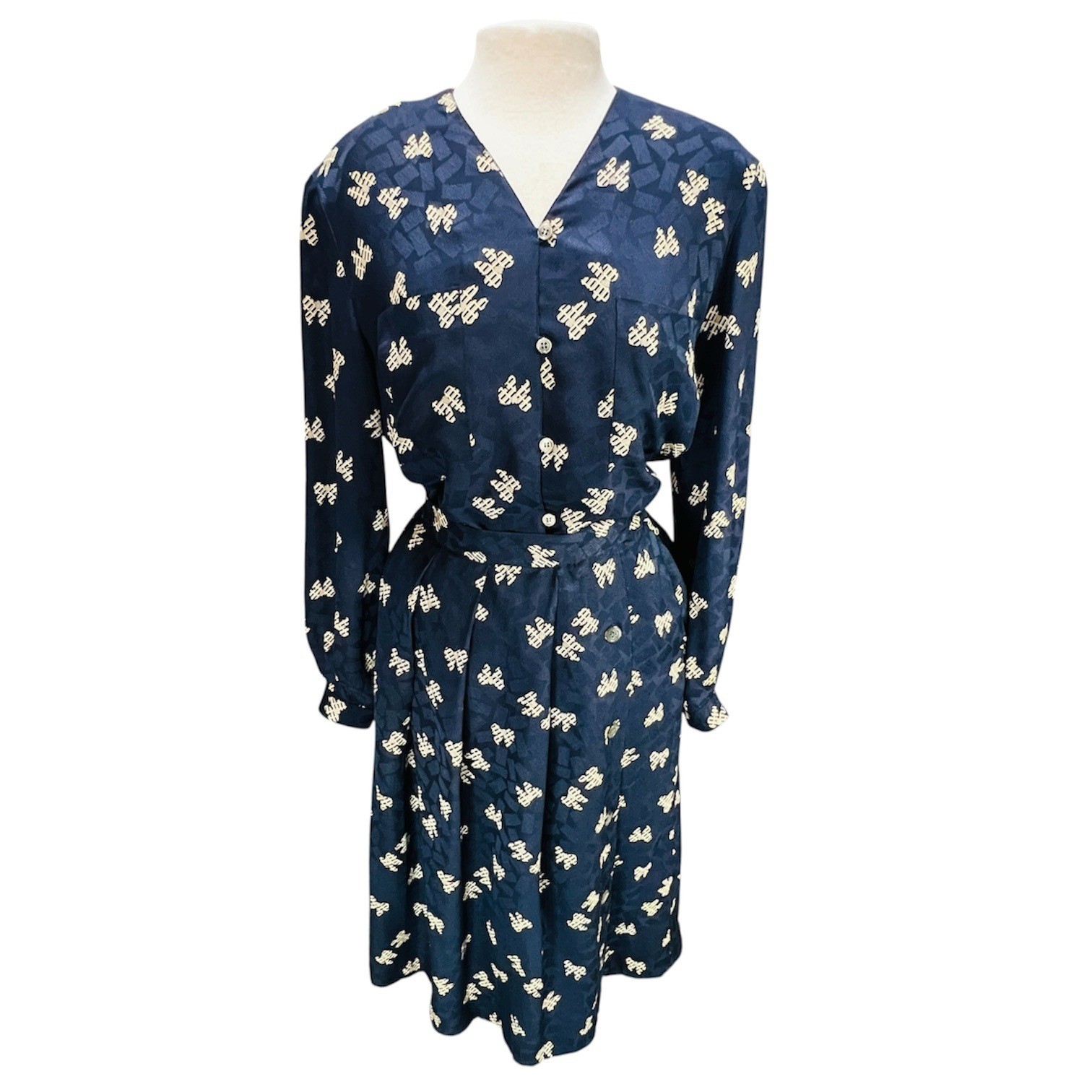 90s Jacquard Bow Print Silk Skirt Blouse Set 12 Navy Office Siren Dark Academia