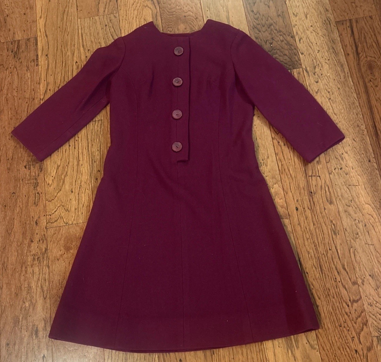 Hand Made Vintage Burgundy Red MOD Mini Dress 60’s Wool-Like Polyester Small