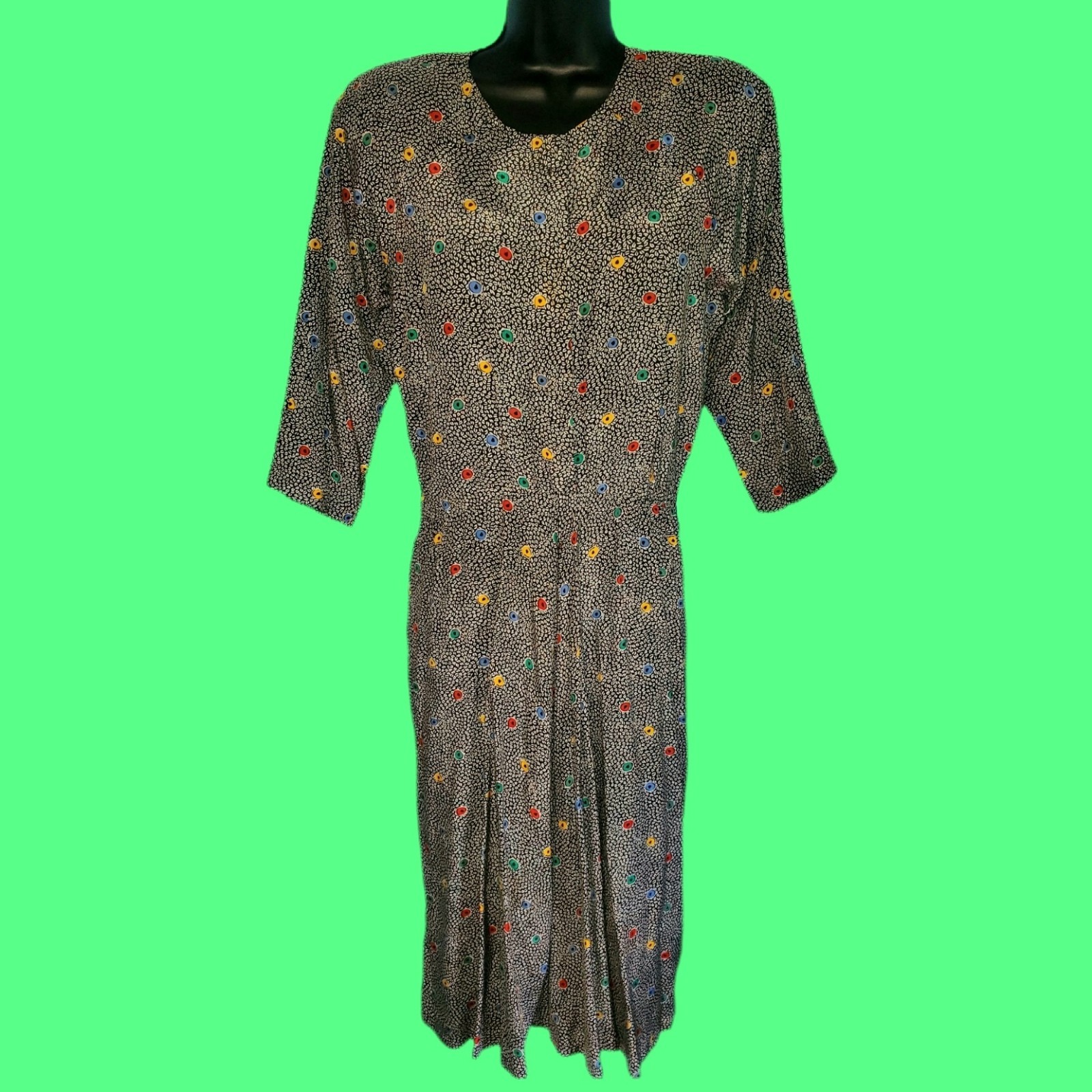 VINTAGE 80’s JESSICA HOWARD Multicolor Abstract New Wave PolkaDot Dress Large