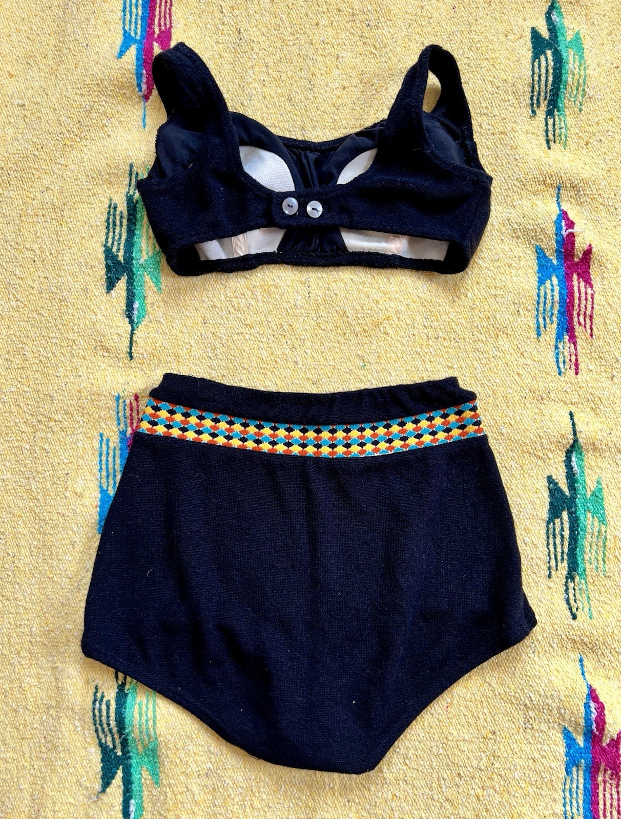 Black Terry Cloth Bikini Swimsuit Checked Waistband 1960s Vintage