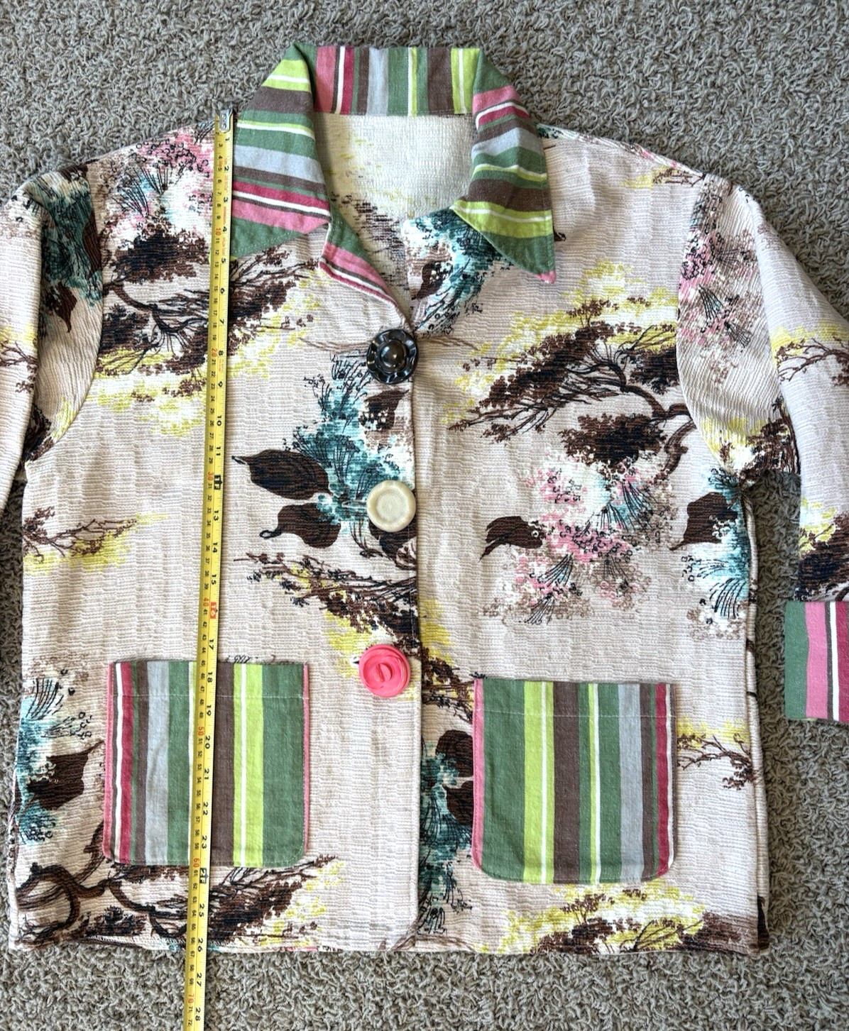 Vintage Mod 60s 70s Barkcloth Patio Chore Jacket Tropical Colorful Women’s XL 1X