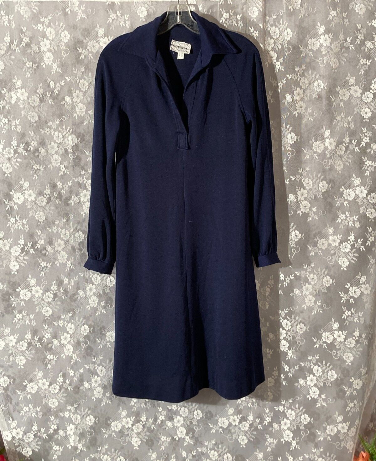 Vintage 70s Navy Blue Dress Size Medium 1970s Retro Collared Basic Knit Office