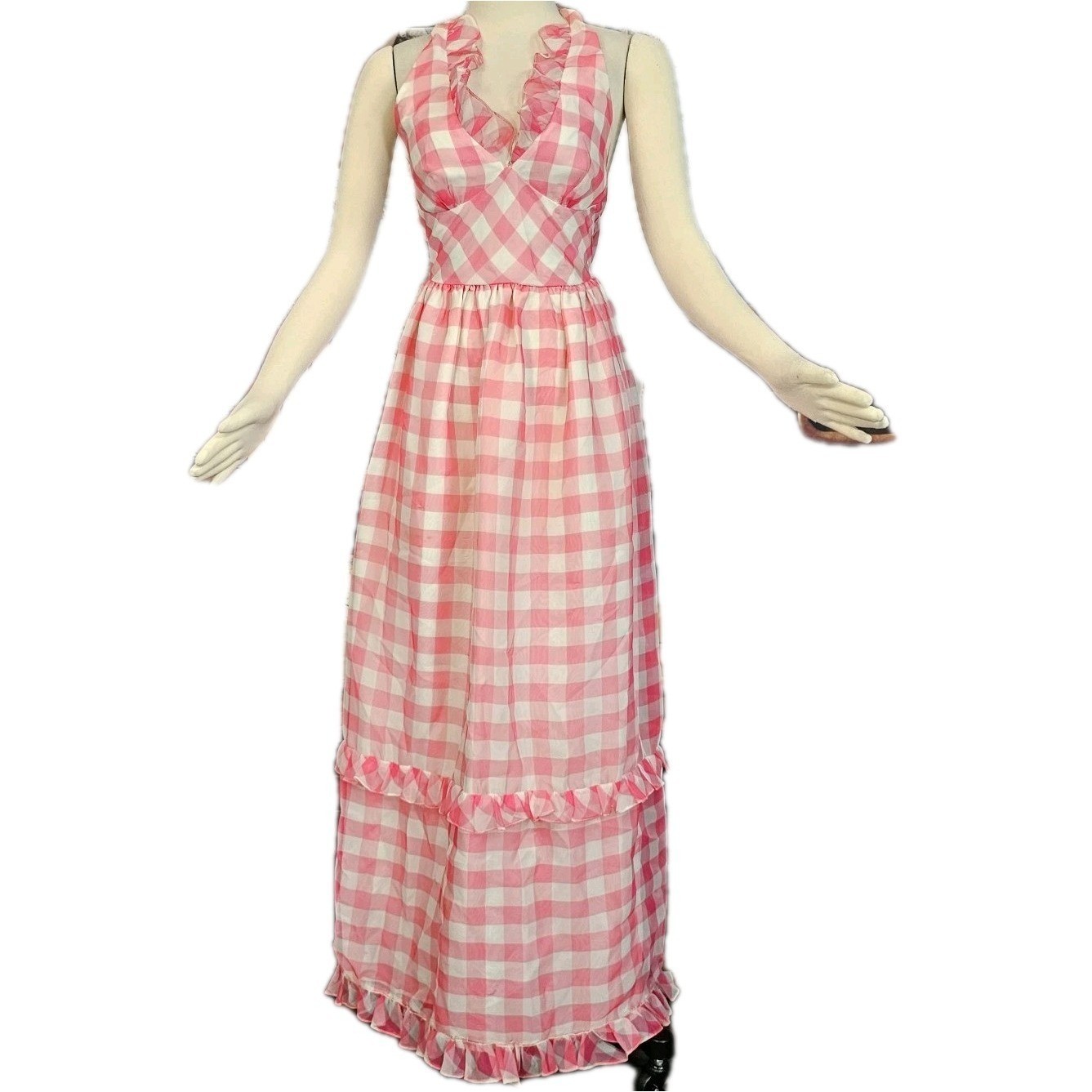 Vintage 1970s Maxi Dress Sundress Pink and White Gingam Check Ruffled V-Neck
