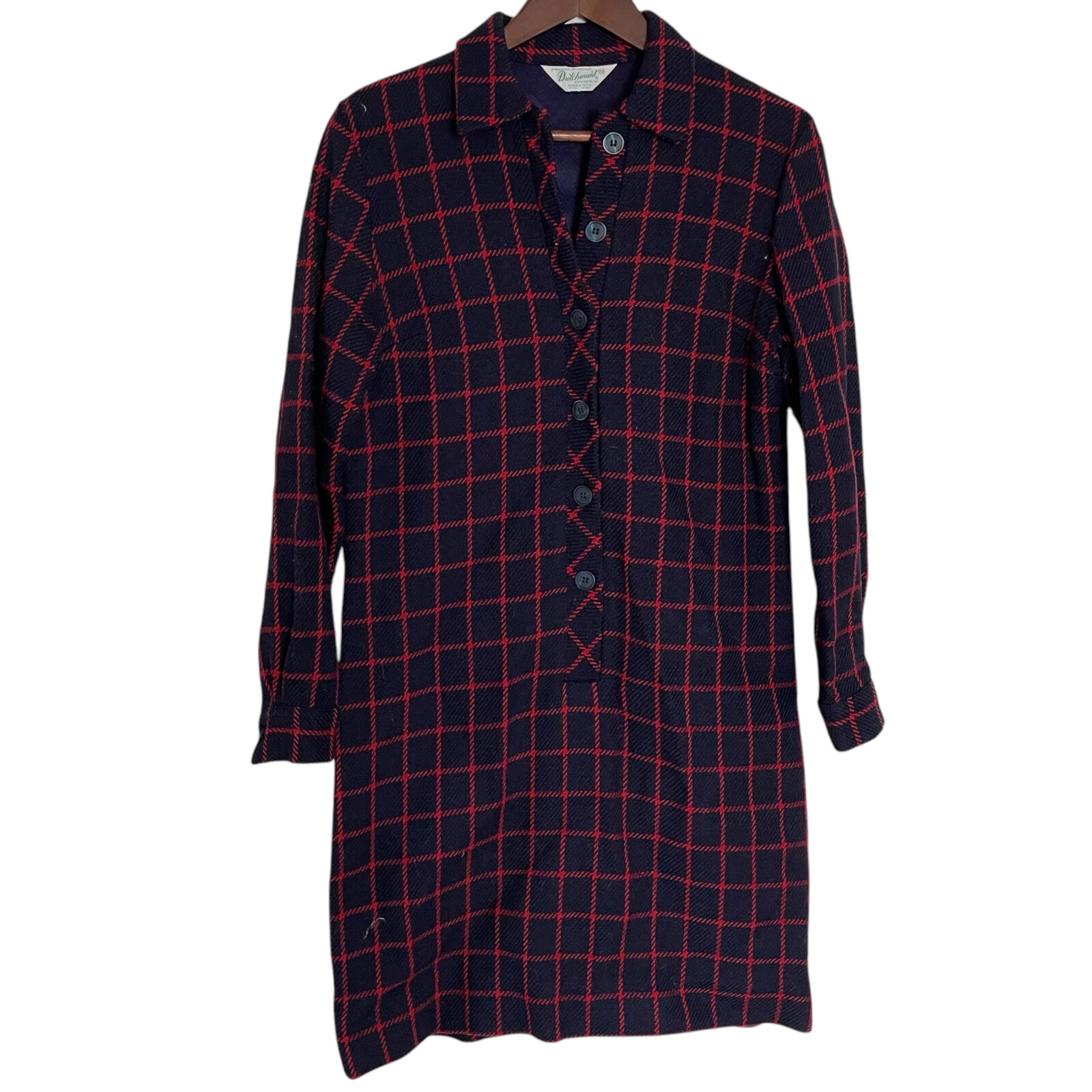 Vintage 60s Dutchmaid Shift Shirt Dress S Blue Red Windowpane Plaid Wool Blend