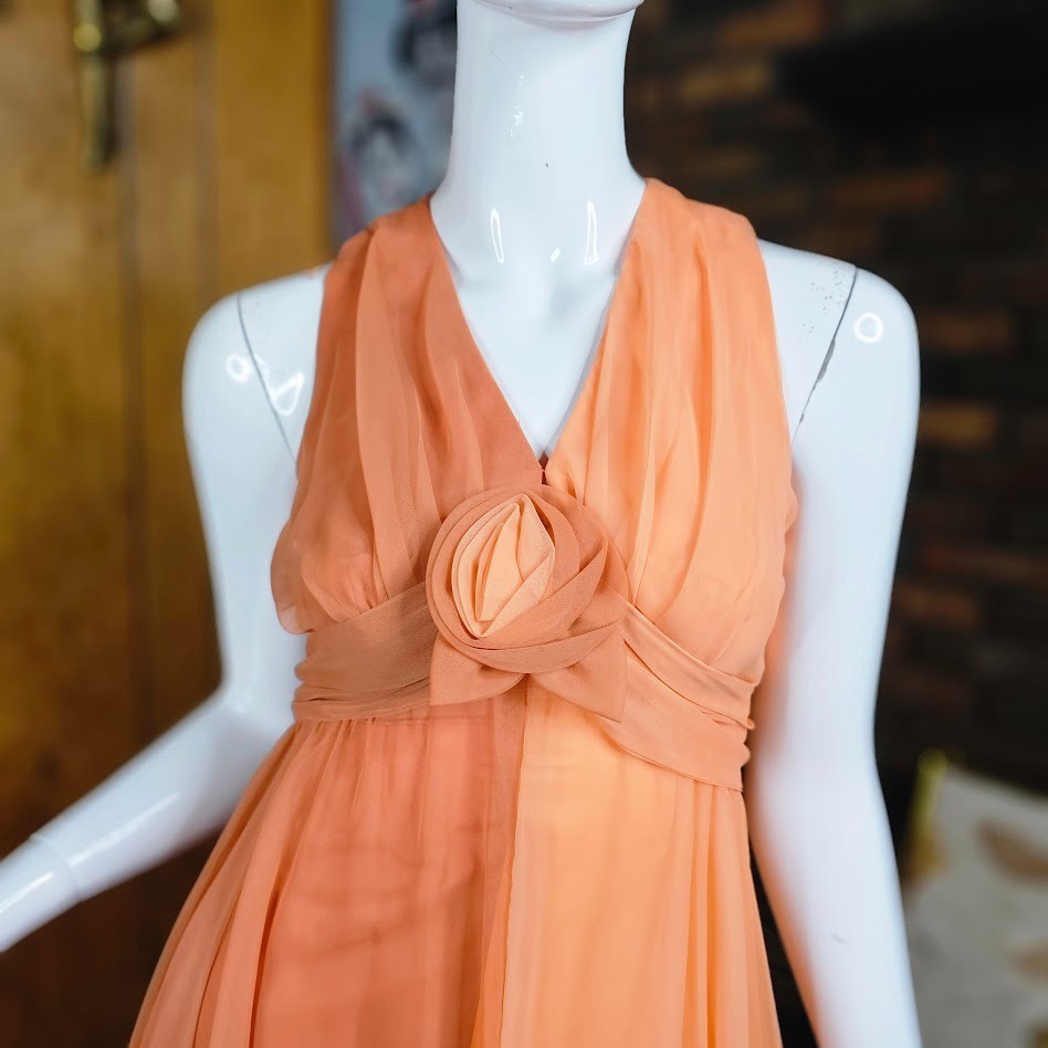 Vtg 70s Peach Chiffon Formal Maxi Dress Rosette Prom Bewitched Party Wedding S