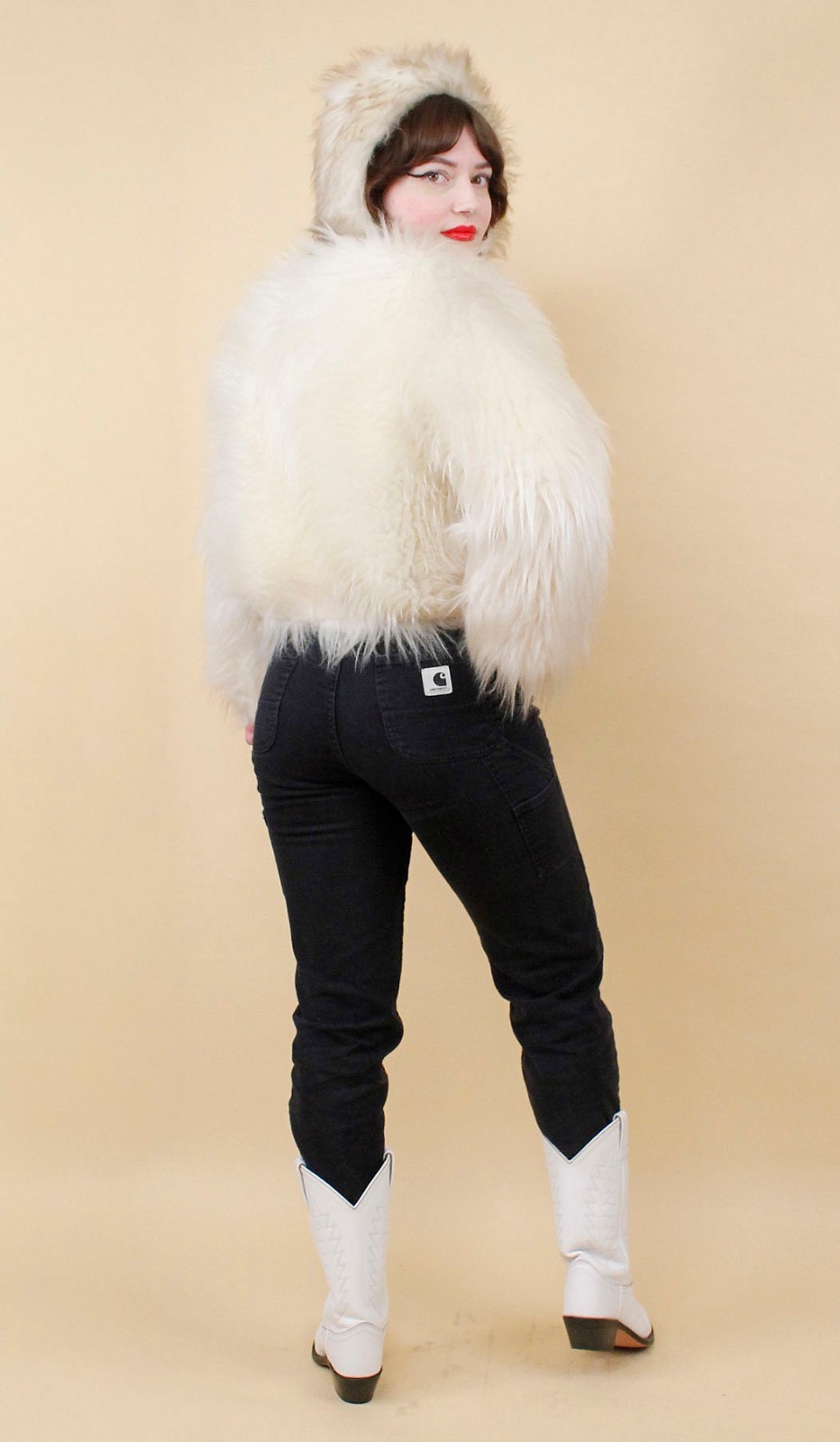 60s 70s Vtg Shaggy Faux Fur White Zip Up Crop Jacket Coat Mod Rocker Glam B34″