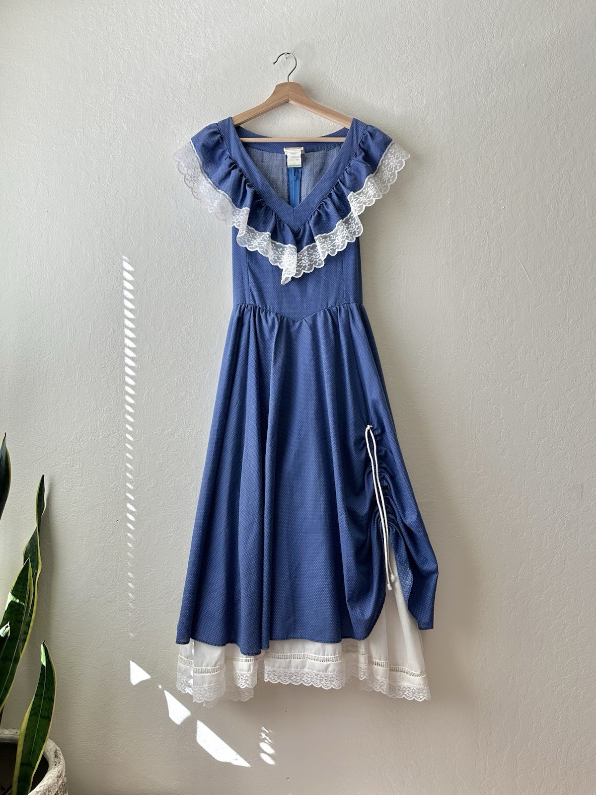 Vtg 1970s gunne sax jessica blue pin dot lace cottagecore prairie dress size 13