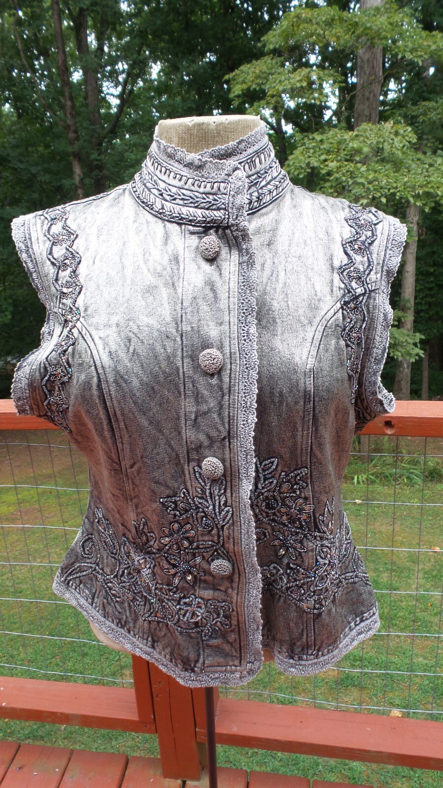 Vintage 80’s FLASHBACK Black Embroidered Sequined Lace Denim Boho Vest size M