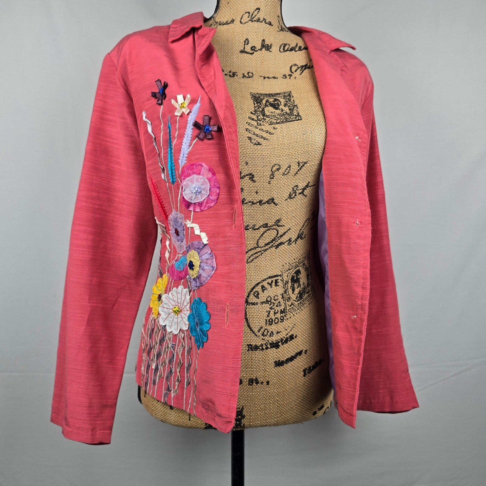 Indigo Moon Womens 2 Piece Set Jacket & T-Shirt Floral Embroidered Pink Purple S