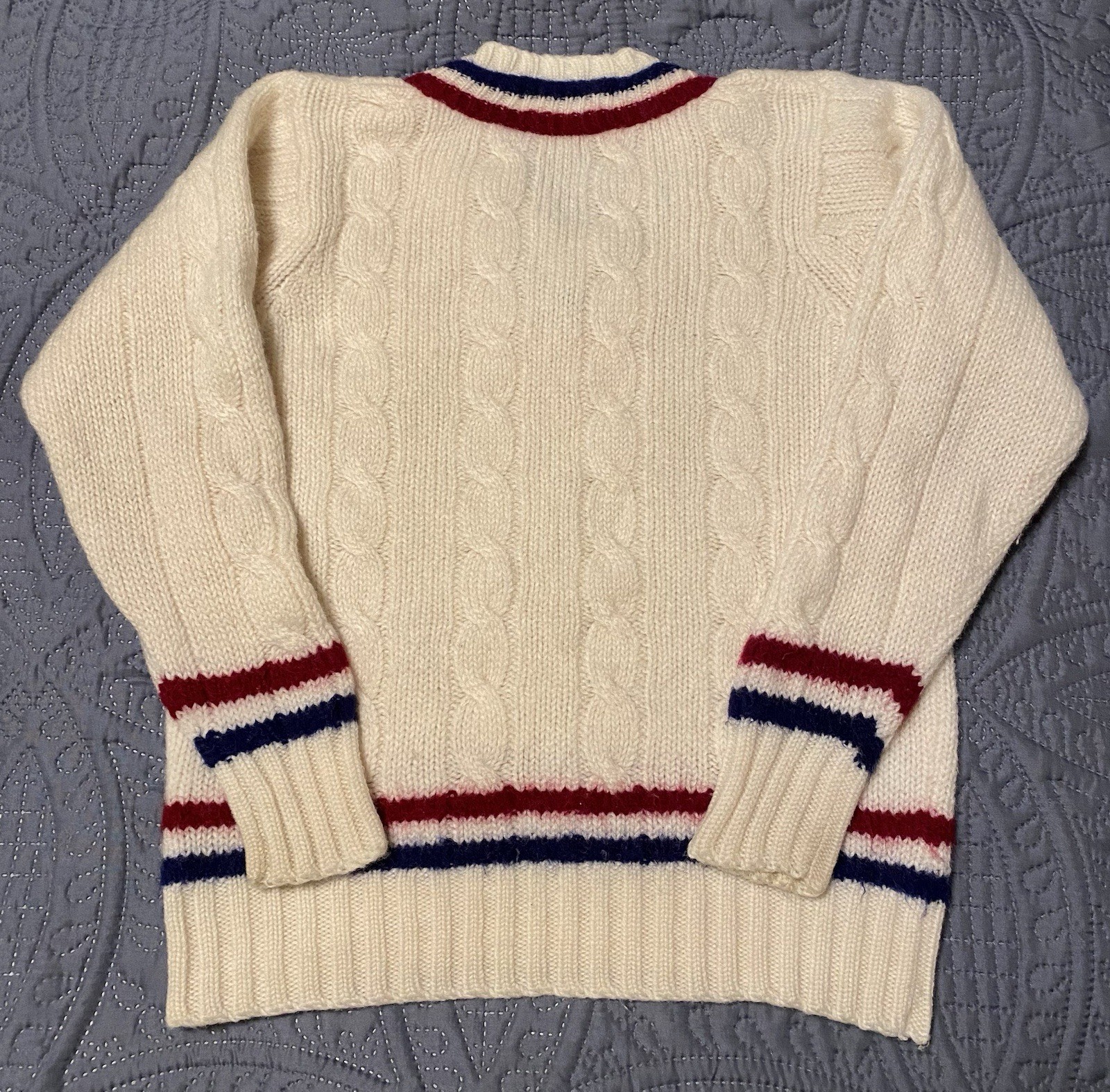 Vtg Miss Gotham V-Neck Pullover Cable Knit Varsity Sweater Stripes 100% Wool