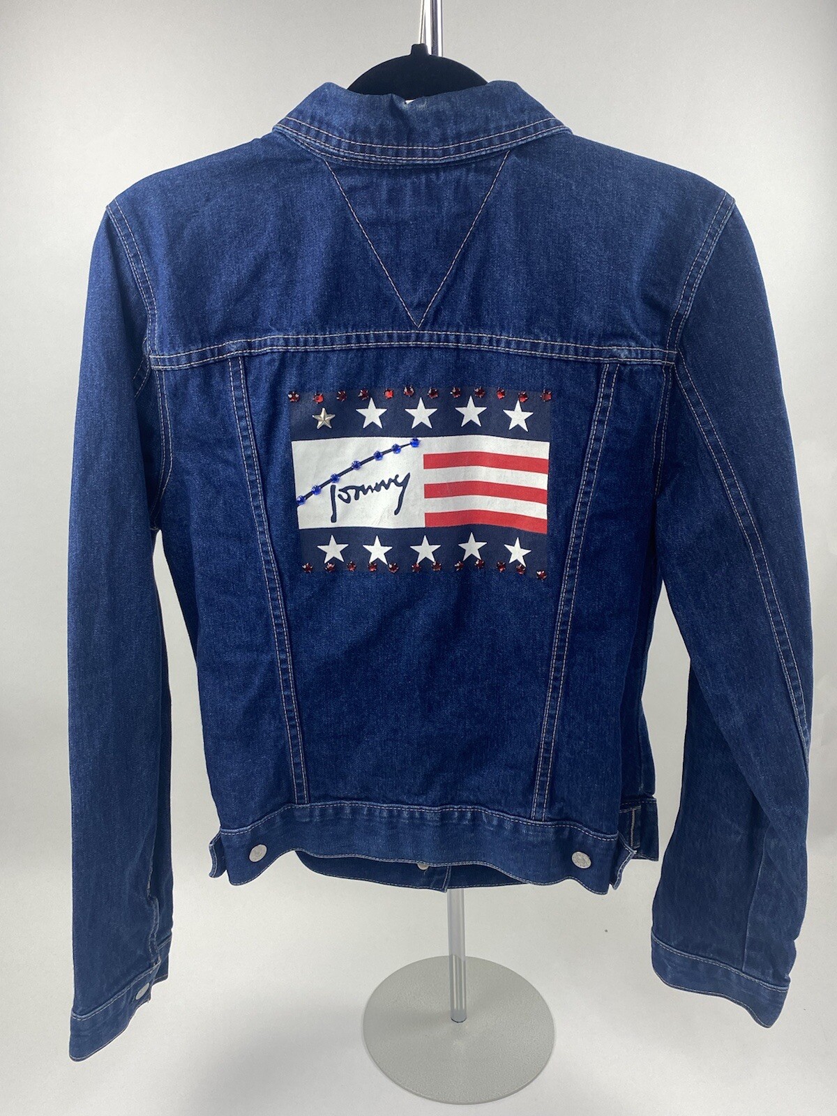 Vintage Tommy Hilfiger Jean Denim Flag Jacket Spell Out 90s Y2K Bling Med