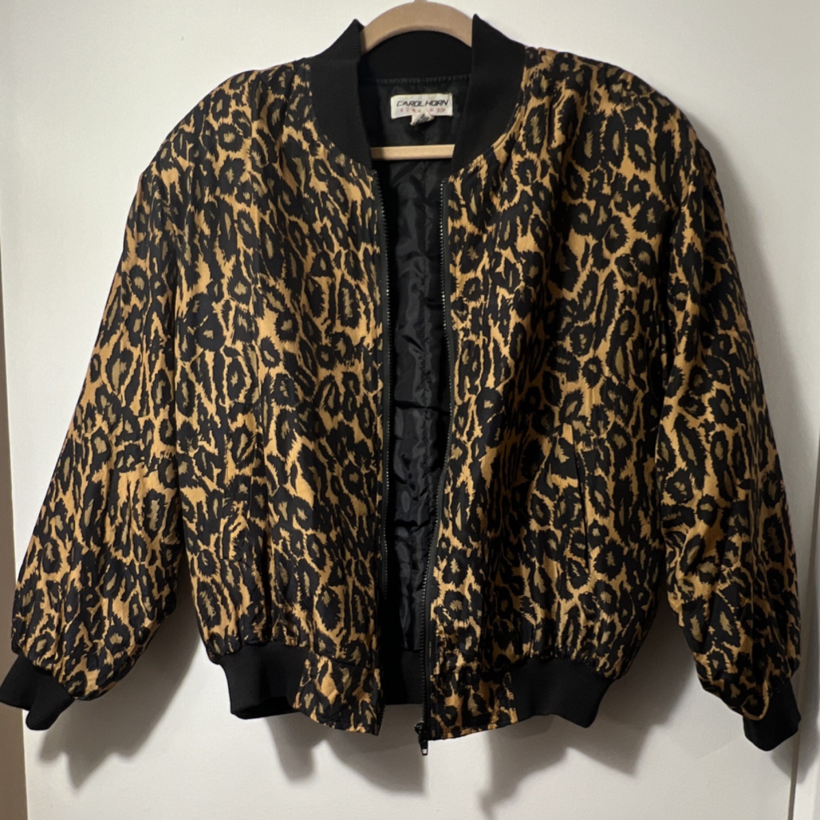 Vintage Carol Horn Workshop 100% Silk Leopard Print Bomber Jacket Size M