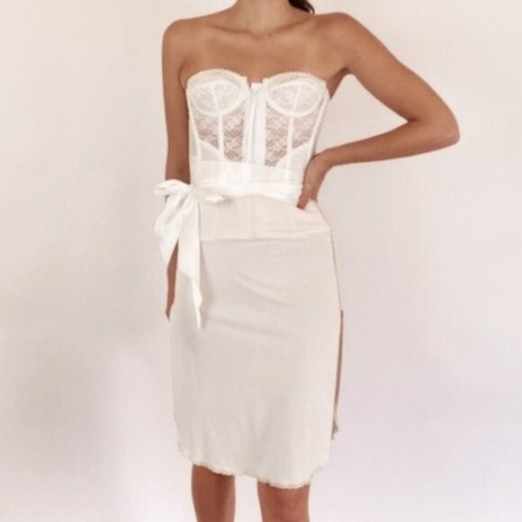 Vintage High Waist Ivory Cream Lace Slip Skirt Boho Size Small