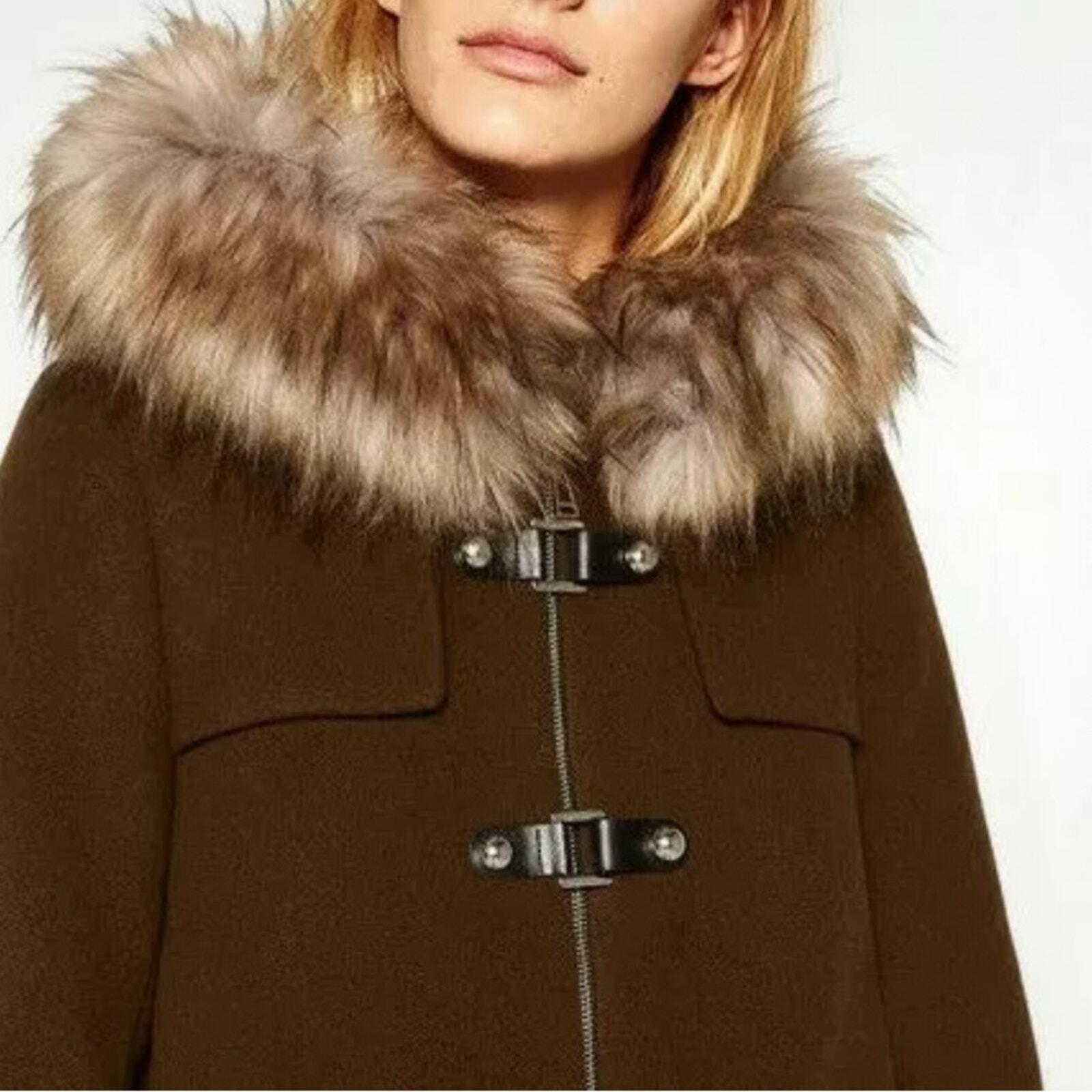 ZARA khaki army green faux fur trim hood duffle coat size XS