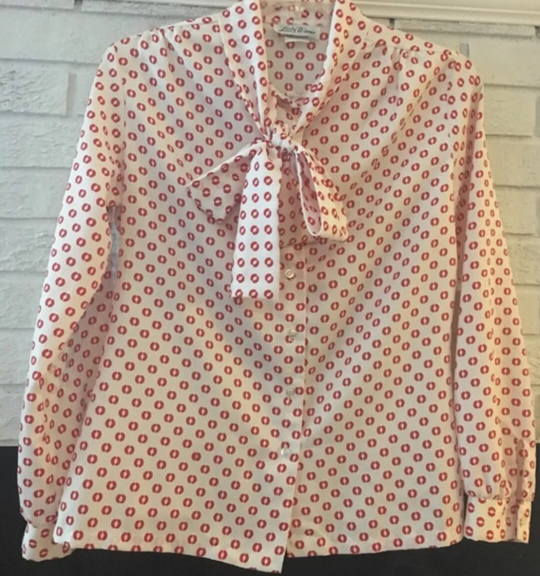 Vintage Lucky Winner Blouse Top Attached Skinny Tie Scarf White Red Design M