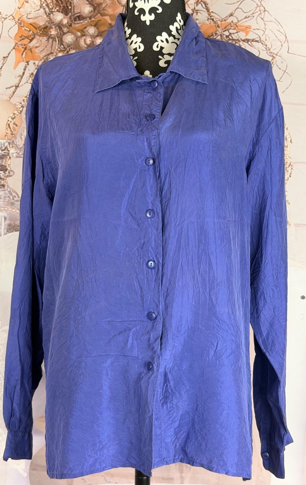 VTG Y2K All Silks Women’s Purple 100% Silk Button Up Long Sleeve Collar Shirt L