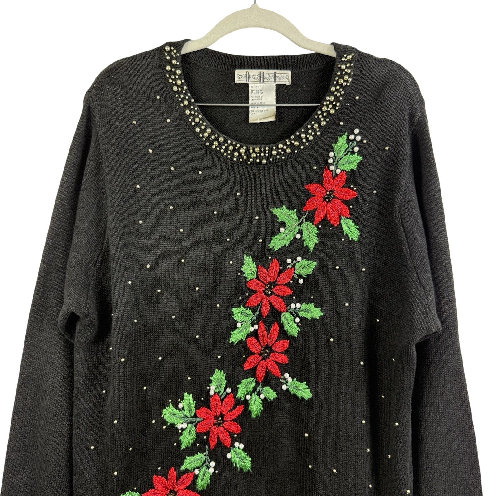 Vintage 90s Beaded Black Embroidered Poinsettia Sweater Large Holiday Christmas