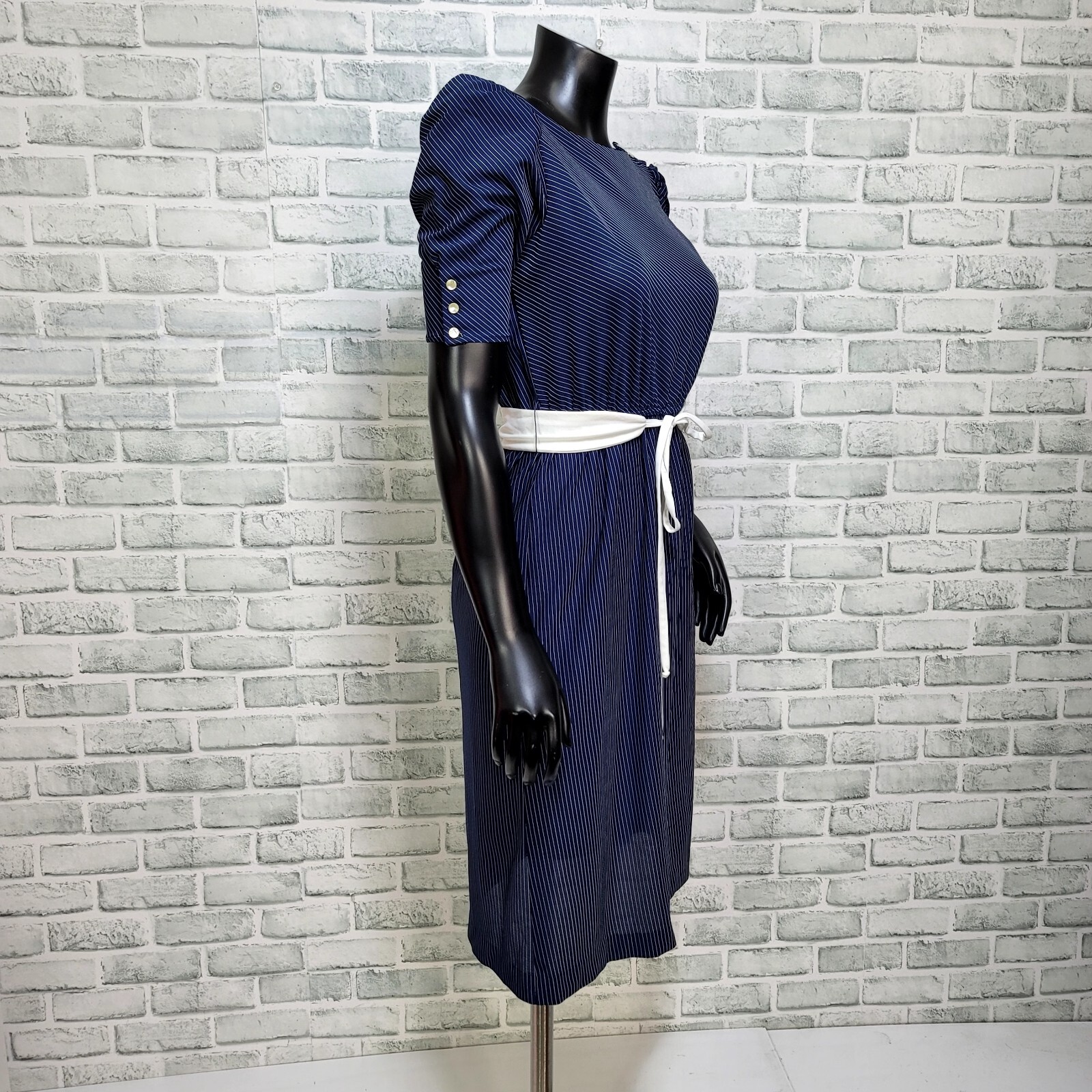 Vintage 70s Sally Lou Womens S Half Sleeve Semi Sheer Navy Striped Day Dress