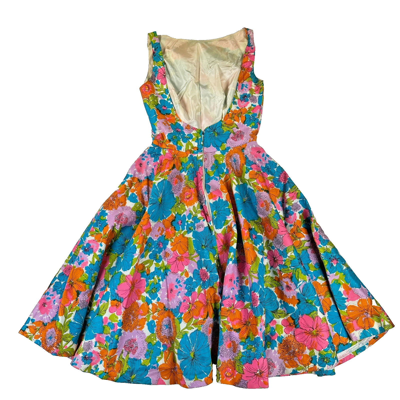 1950s 1960s Vintage Dress Full Skirt Bright Colorful Floral Low Back Statement