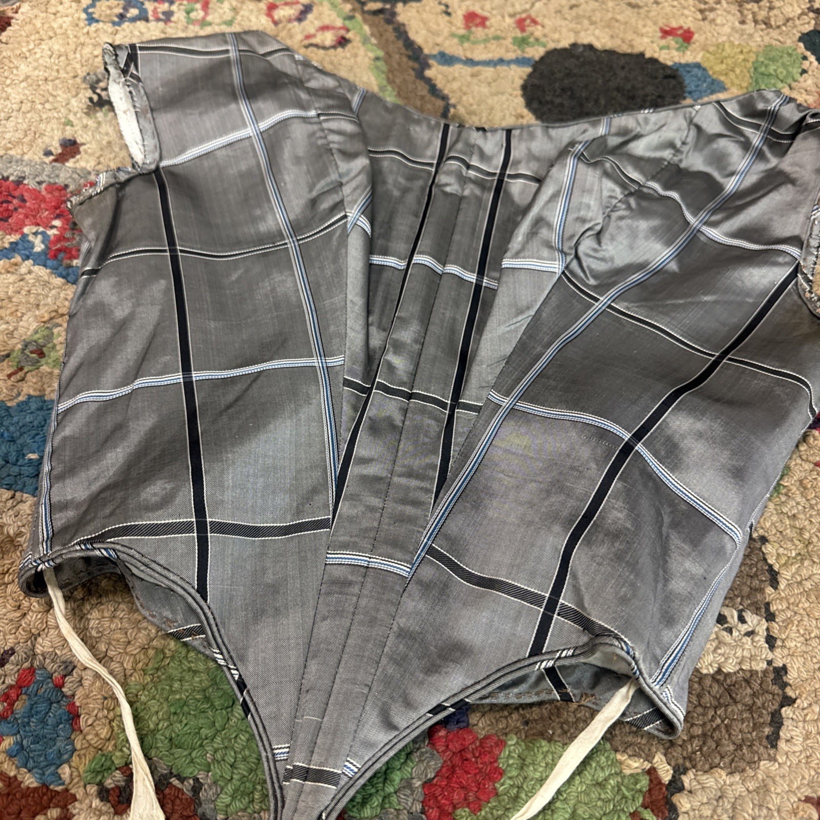 Antique Victorian Grey Striped Silk Bodice Corset Lace Up Dress Top Vintage