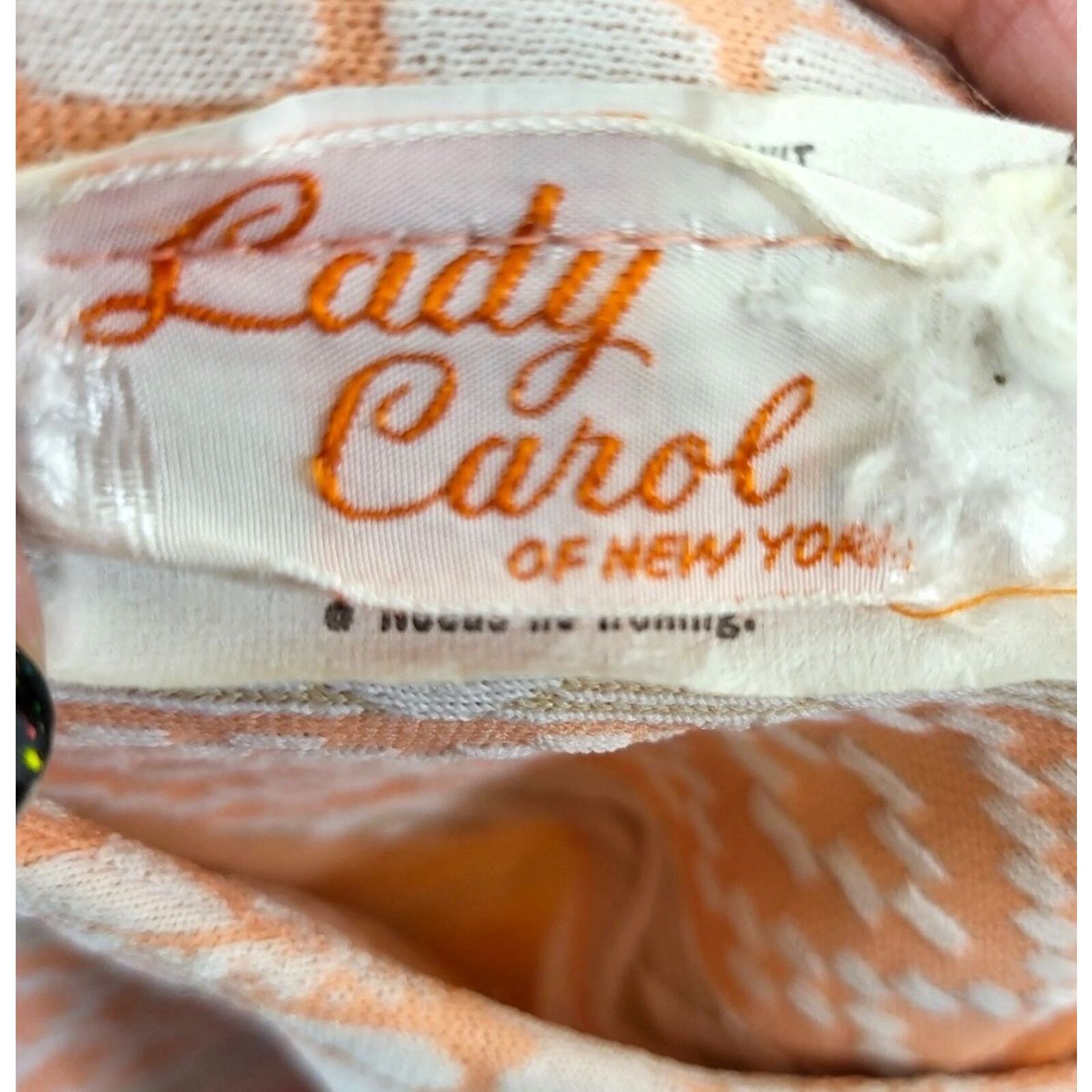 70s Lady Carol Orange Sherbet Tan Geo Print Poly Knee Length Shift Dress Large