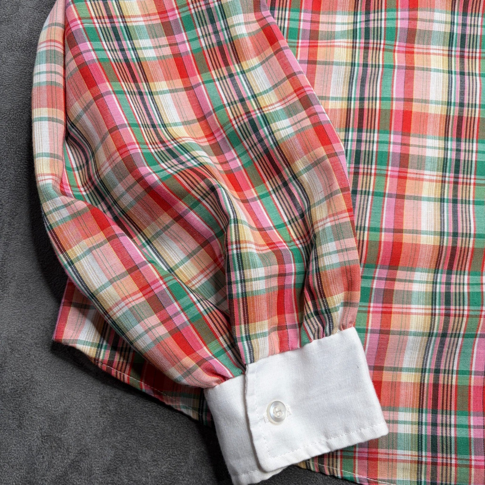 Oak Hill Plaid Blouse Women 18 Red Pink Scalloped Peter Pan Collar Puff Sleeve