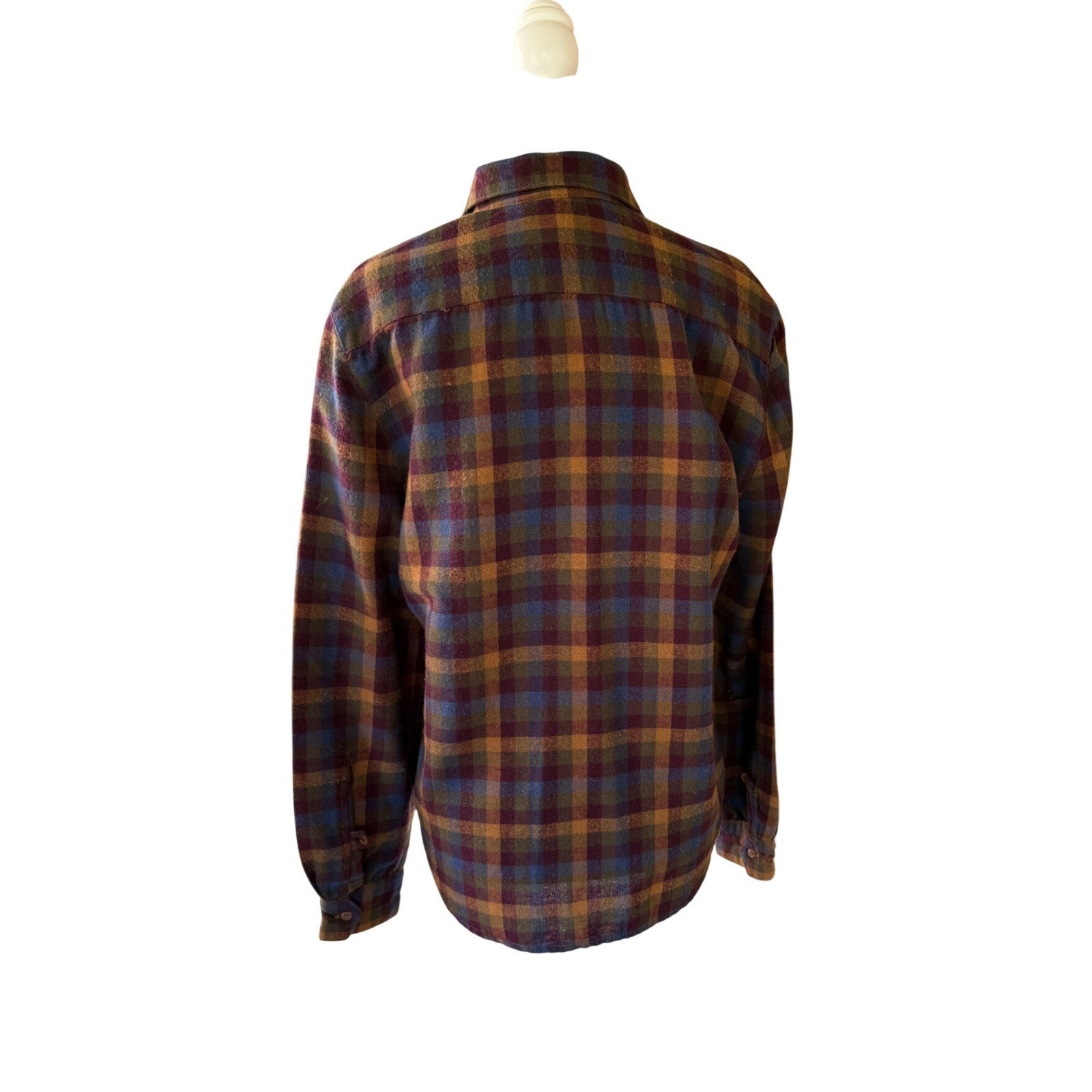 Vintage Calvin Klein Plaid Wool Blend Button Front Shirt Burgundy Gold Blue 8